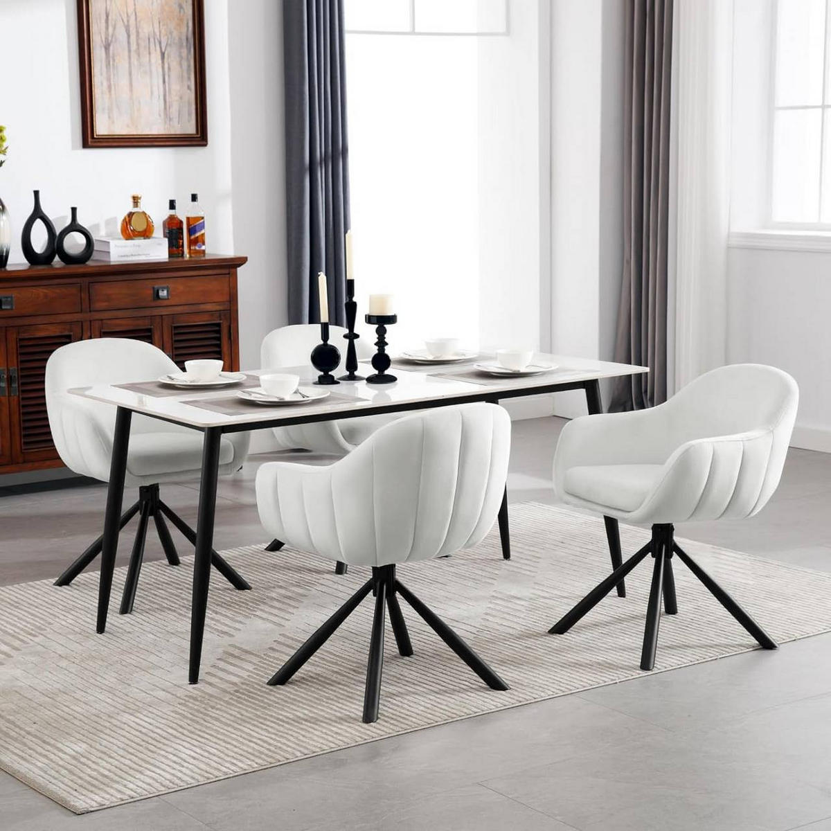 ESSZIMMERSTUHL drehbar, Samt, Creme - Creme/Schwarz, Textil/Metall (57.5/78/60.5cm) - Woltu