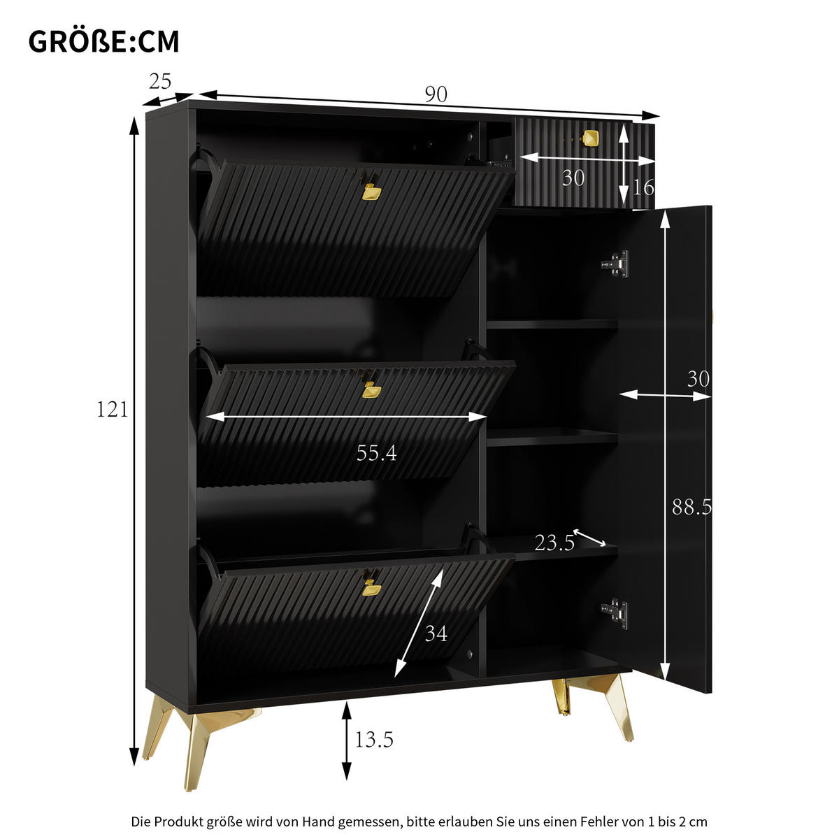 HIGHBOARD mit Rillenfront & goldenen Akzenten - Schwarz, Holzwerkstoff (90/121/25cm) - Urban Meuble