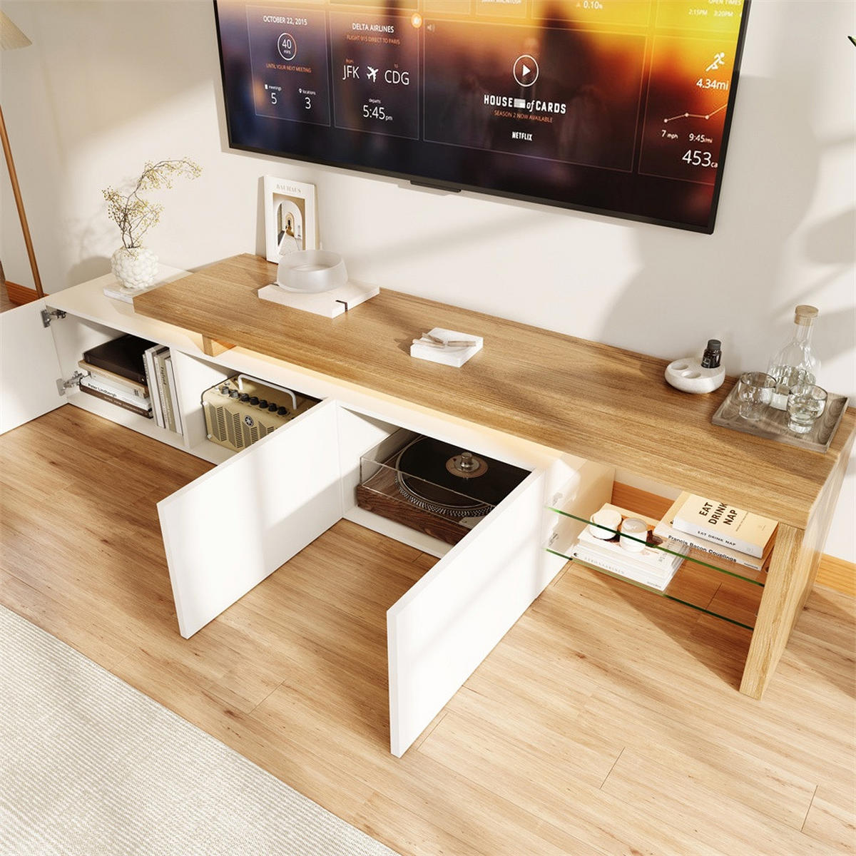 TV-LOWBOARD - TV-Schrank mit LED-Beleuchtung - offenem Glasregal und Stauraum - Weiß+Natur - Weiß, Holzwerkstoff (39/42/200cm) - DELFA