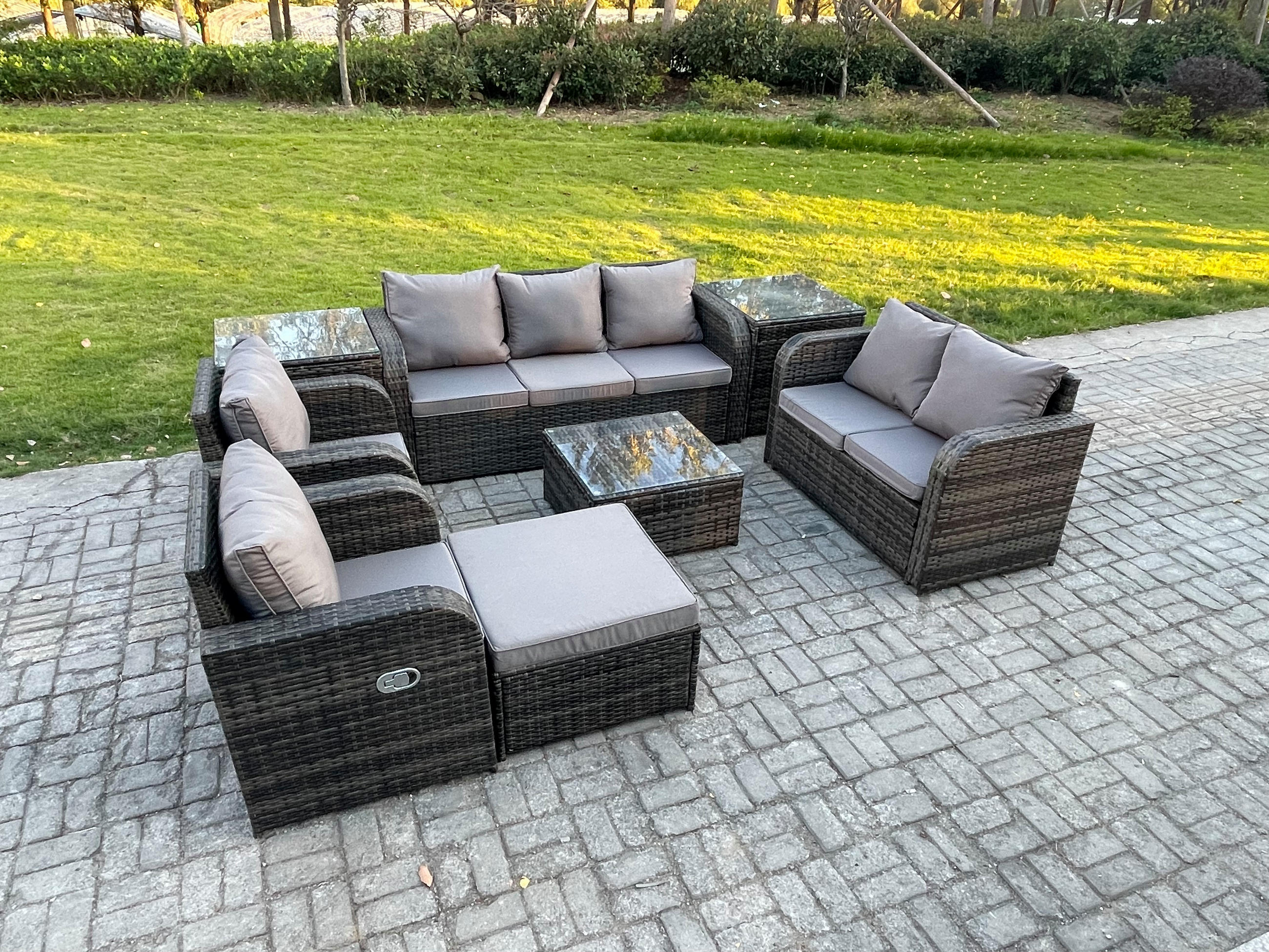 GARTENSOFA SET mit Couchtisch Polyrattan Dunkelgrau 8-teilige - Dunkelgrau/Grau, Glas/Kunststoff - Fimous