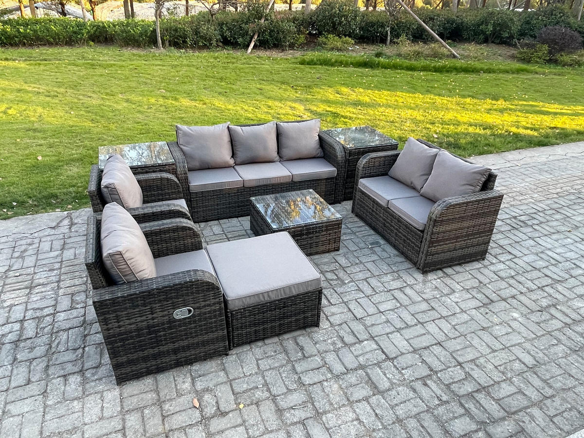 GARTENSOFA SET mit Couchtisch Polyrattan Dunkelgrau 8-teilige - Dunkelgrau/Grau, Glas/Kunststoff - Fimous