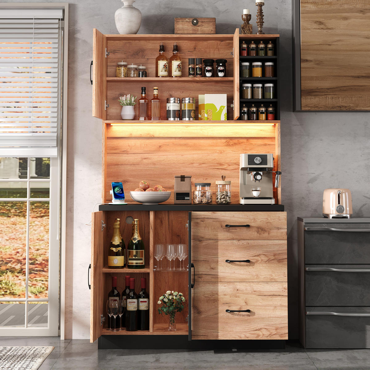 BUFFET 105/40/180 cm Neutral mit LED-Beleuchtung, verstellbaren Einlegeböden und 3 Schubladen - Naturfarben, Holz (105/180/40cm) - Oxeza