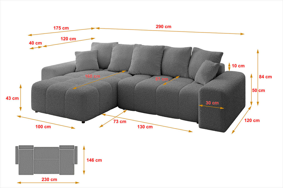 ECKSOFA Ottomane links/rechts ENIL-L 290x175x84 Grau Bouclé - Grau, Holzwerkstoff/Kunststoff (290/175cm) - ALTDECOR