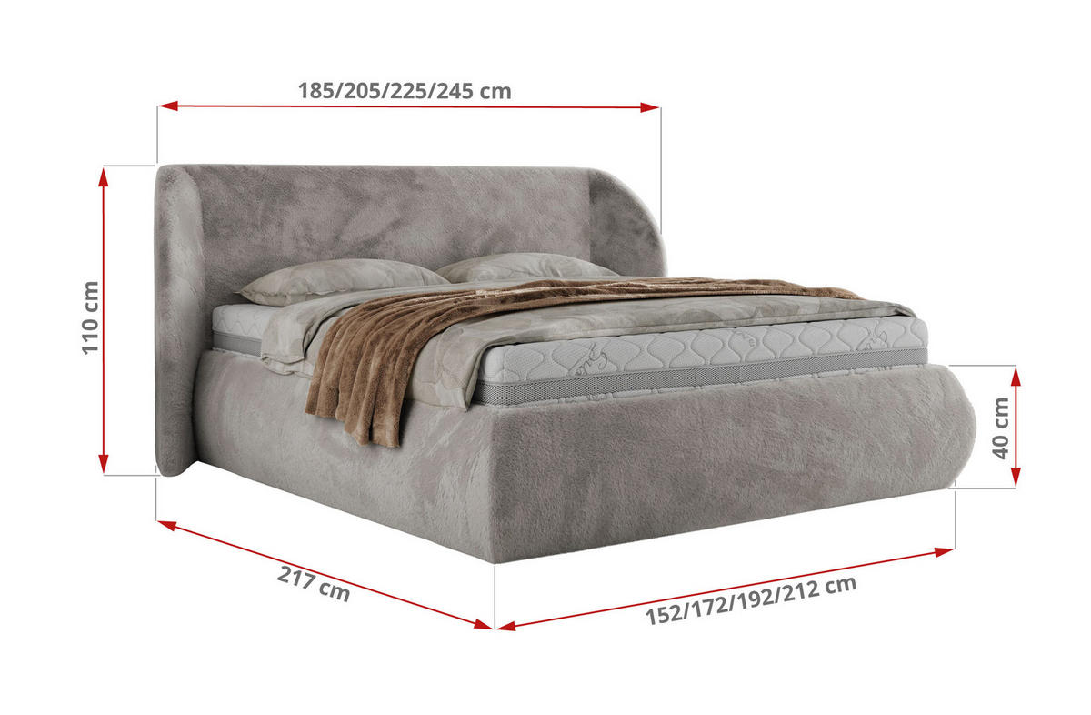 POLSTERBETT CAELA CLASSIC 180/200 - Hellgrau Plüsch - Schaum-Matratze - Hellgrau, Textil (180/200cm) - MKS