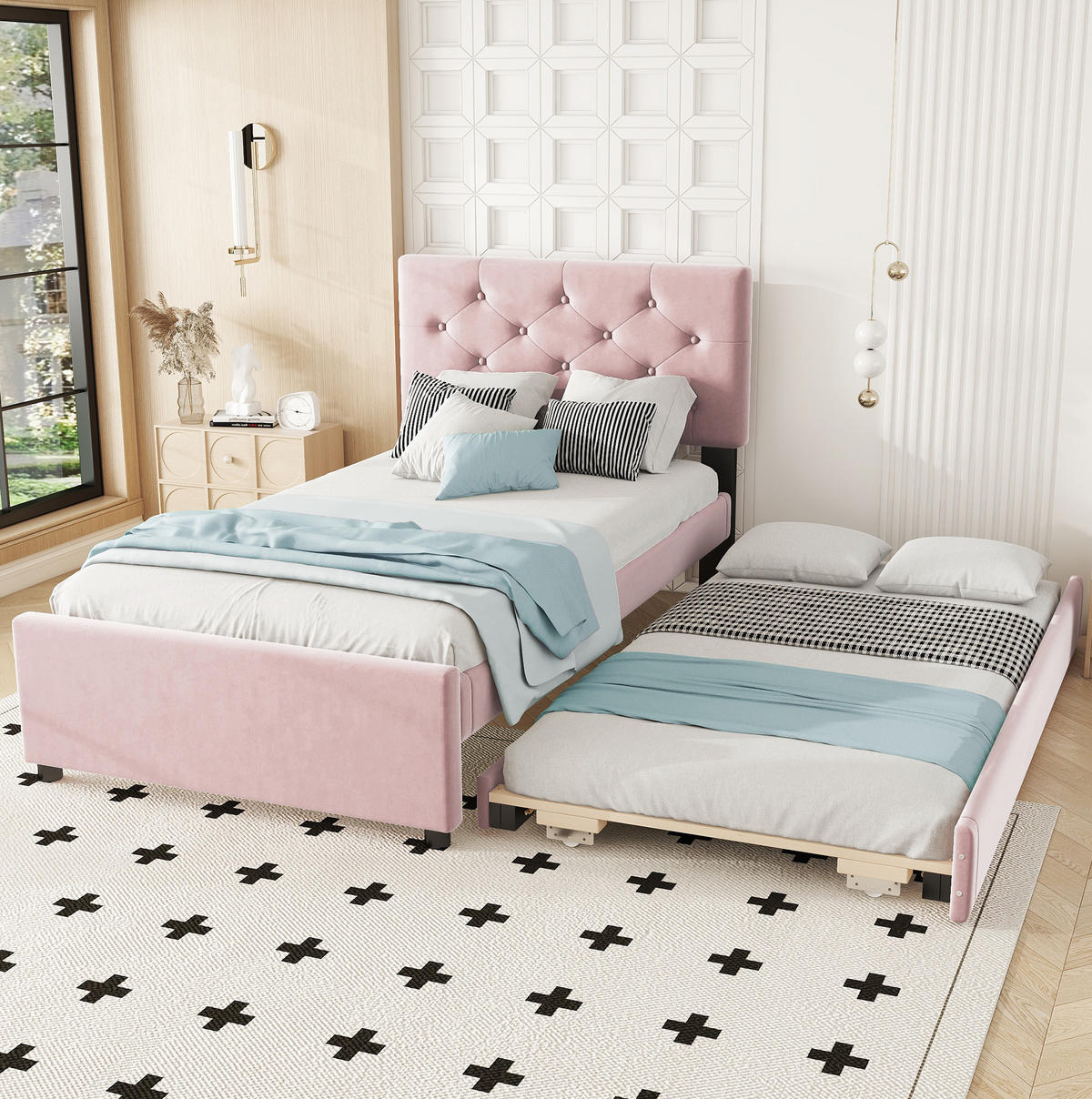 POLSTERBETT 90/200 cm Rosa aus Samt mit Rollbett - Rosa, Textil (90/200cm) - OKMYHOME