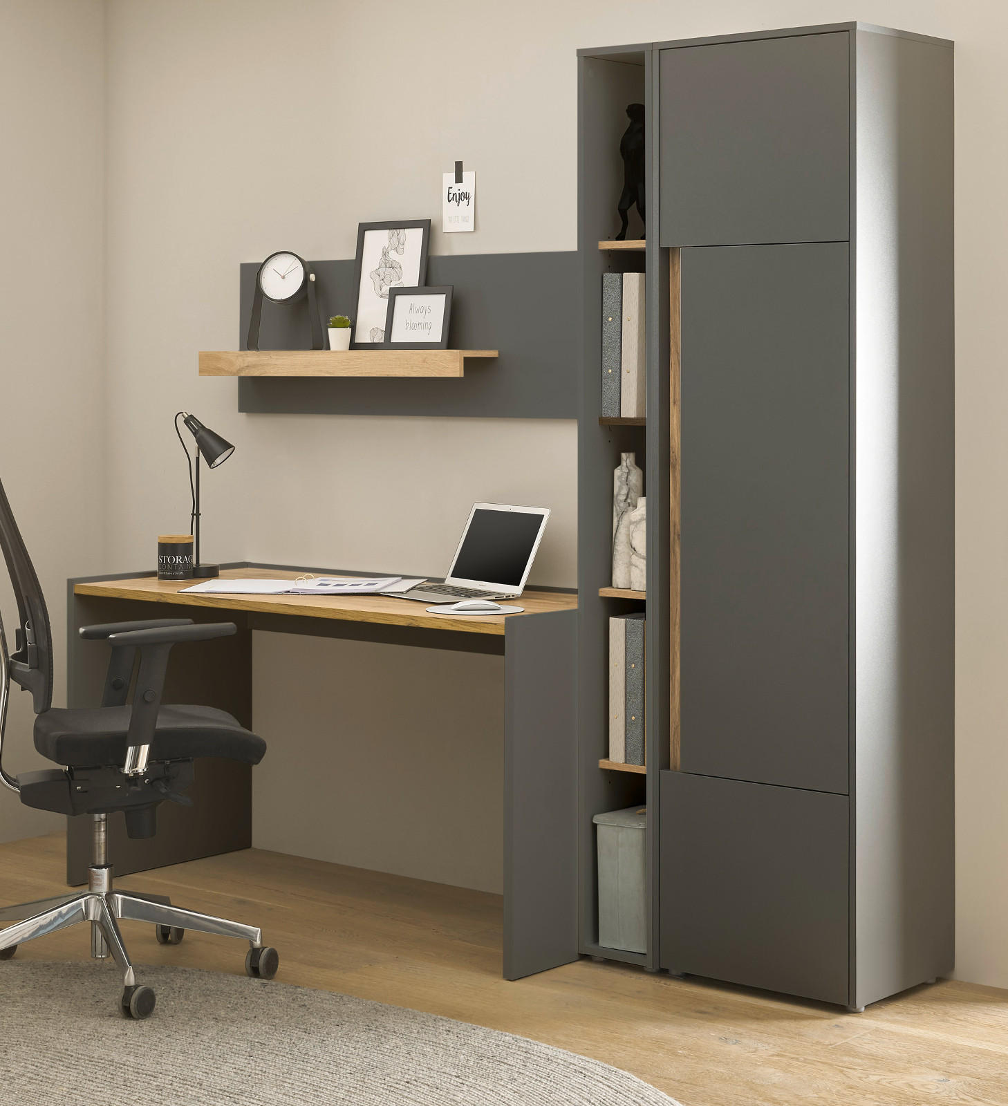 SCHREIBTISCHKOMBINATION 3-teilig grau matt, Eiche Wotan, Büromöbel Set mit viel Stauraum und 5 Ordnerhöhen - Eiche Wotan/Schwarz, Holzwerkstoff (62/213/200cm) - Furn.Design