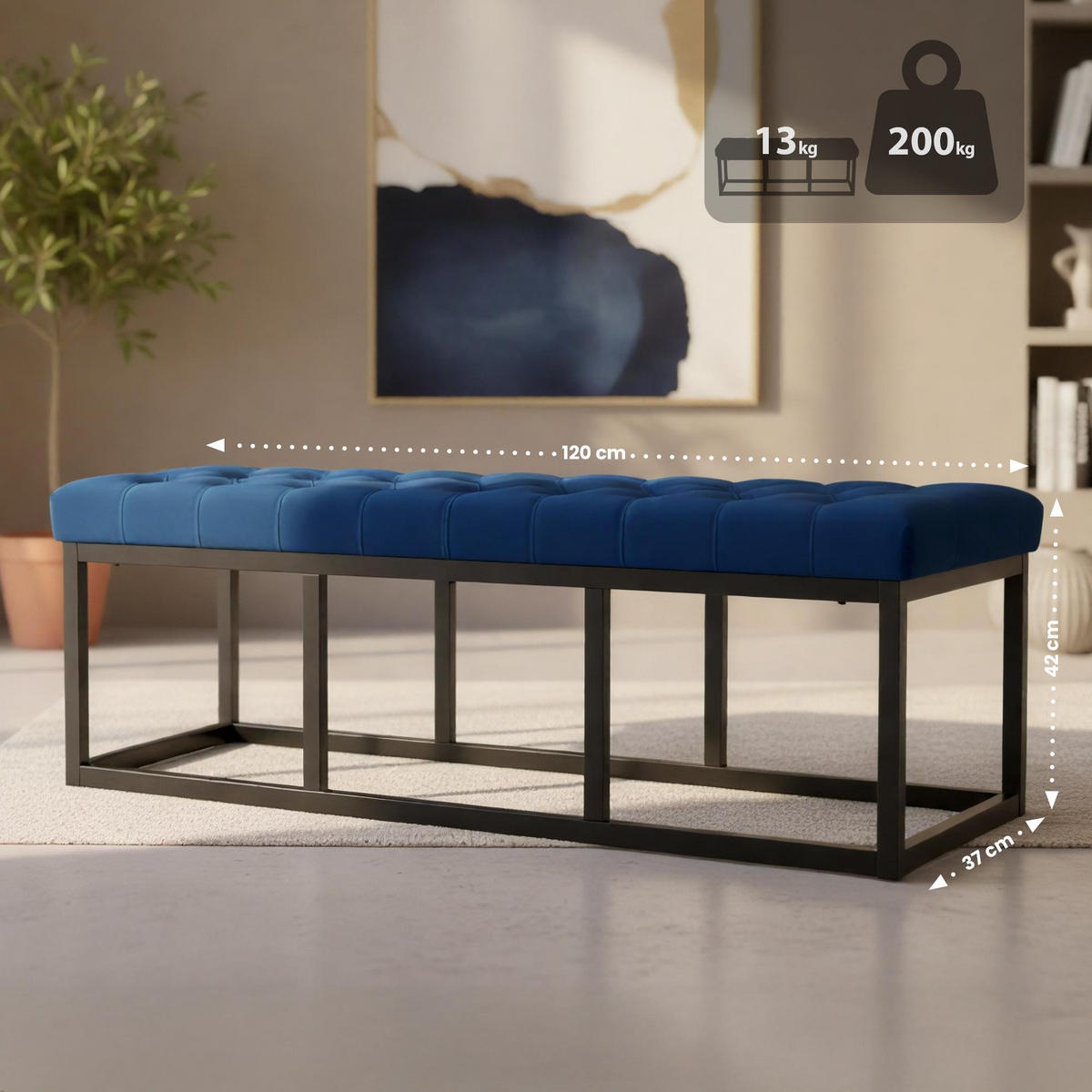 SITZBANK 120/37 cm Samt Blau - Blau/Schwarz, Textil/Metall (120/42/37cm) - CLP