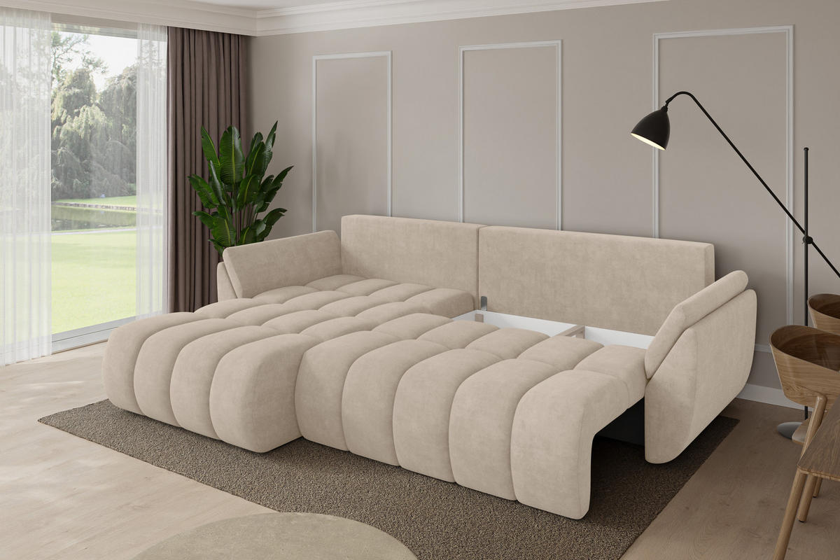 ROHOVÁ SEDAČKA s funkcí spaní, otoman vlevo TOKO-L-v1 277x194x86 béžová velur - černá/Sahara, kompozitní dřevo/textil (277/194cm) - ALTDECOR