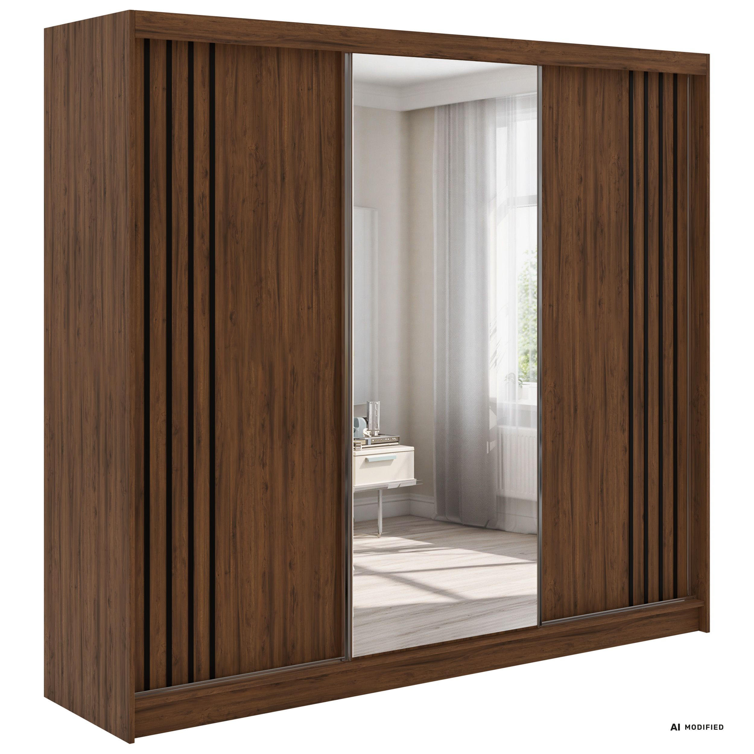 SCHWEBETÜRENSCHRANK mit Lamellen, Spiegel und Schubladen DIANA - 240 - Warmia Walnuss und Schwarz - Walnussfarben/Schwarz, Holzwerkstoff/Metall (240/216/61cm) - MKS