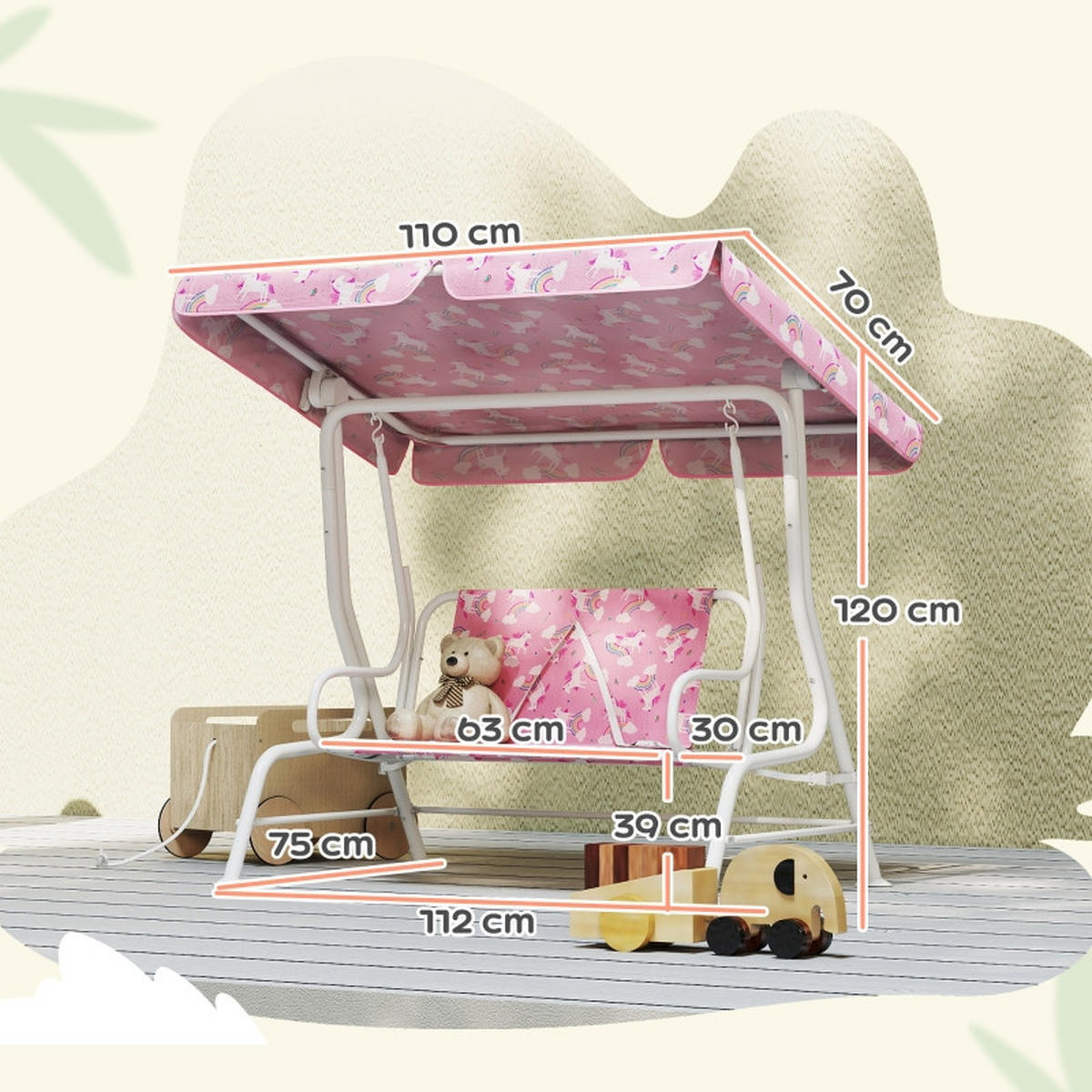 HOLLYWOODSCHAUKEL aus Metall 75x112x120 cm in Rosa mit verstellbarem Sonnendach - Rosa, Metall (75/120/112cm) - Modfu