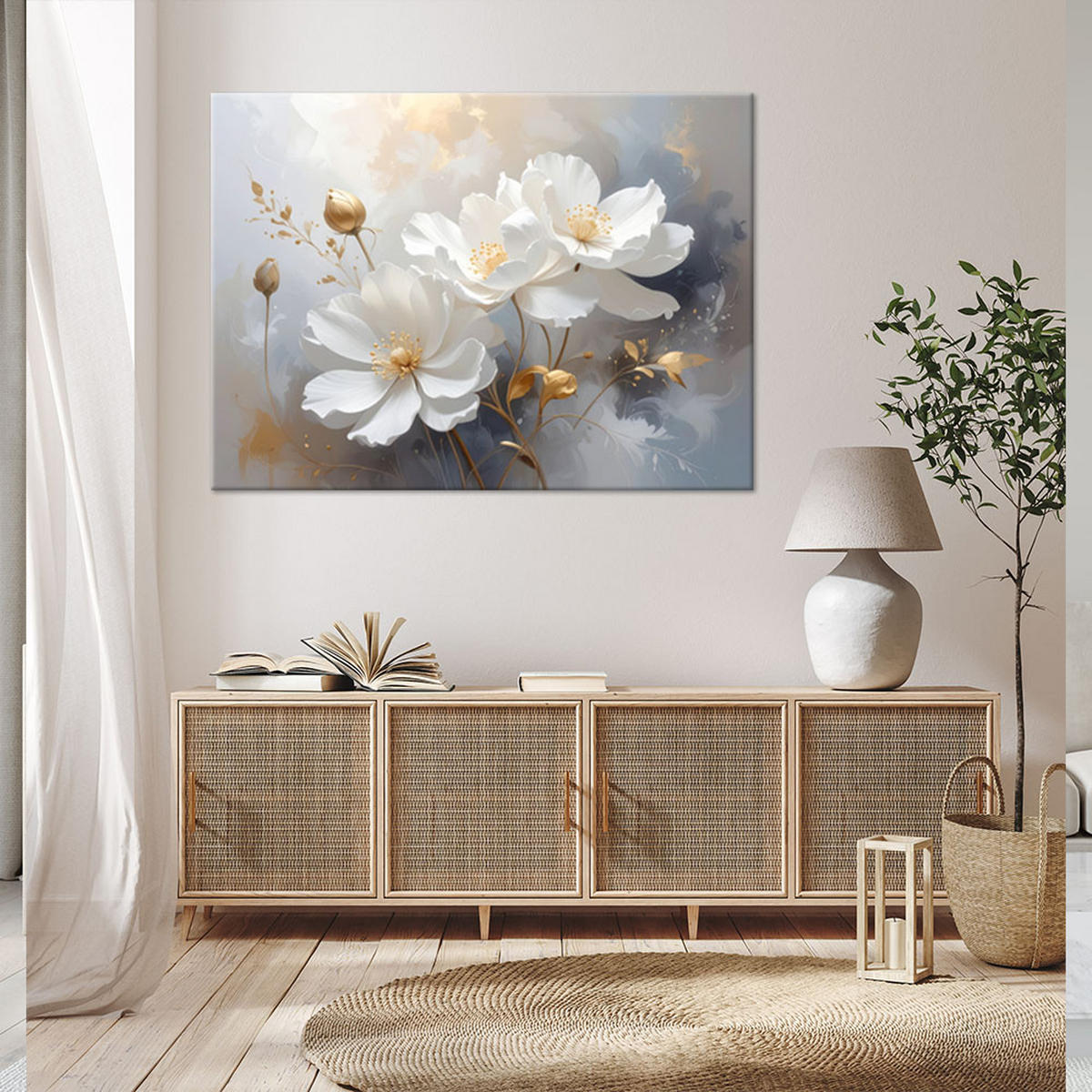 LEINWANDBILD, Weiße Blumen in dezentem Grau und Gold - Weiß, Textil (100/70cm) - Feeby