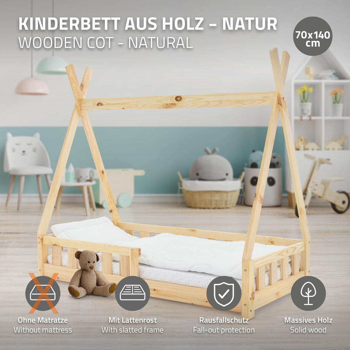 KINDERBETT Tipi 70x140 cm Natur - Naturfarben, Holz (70/140cm) - ML-DESIGN