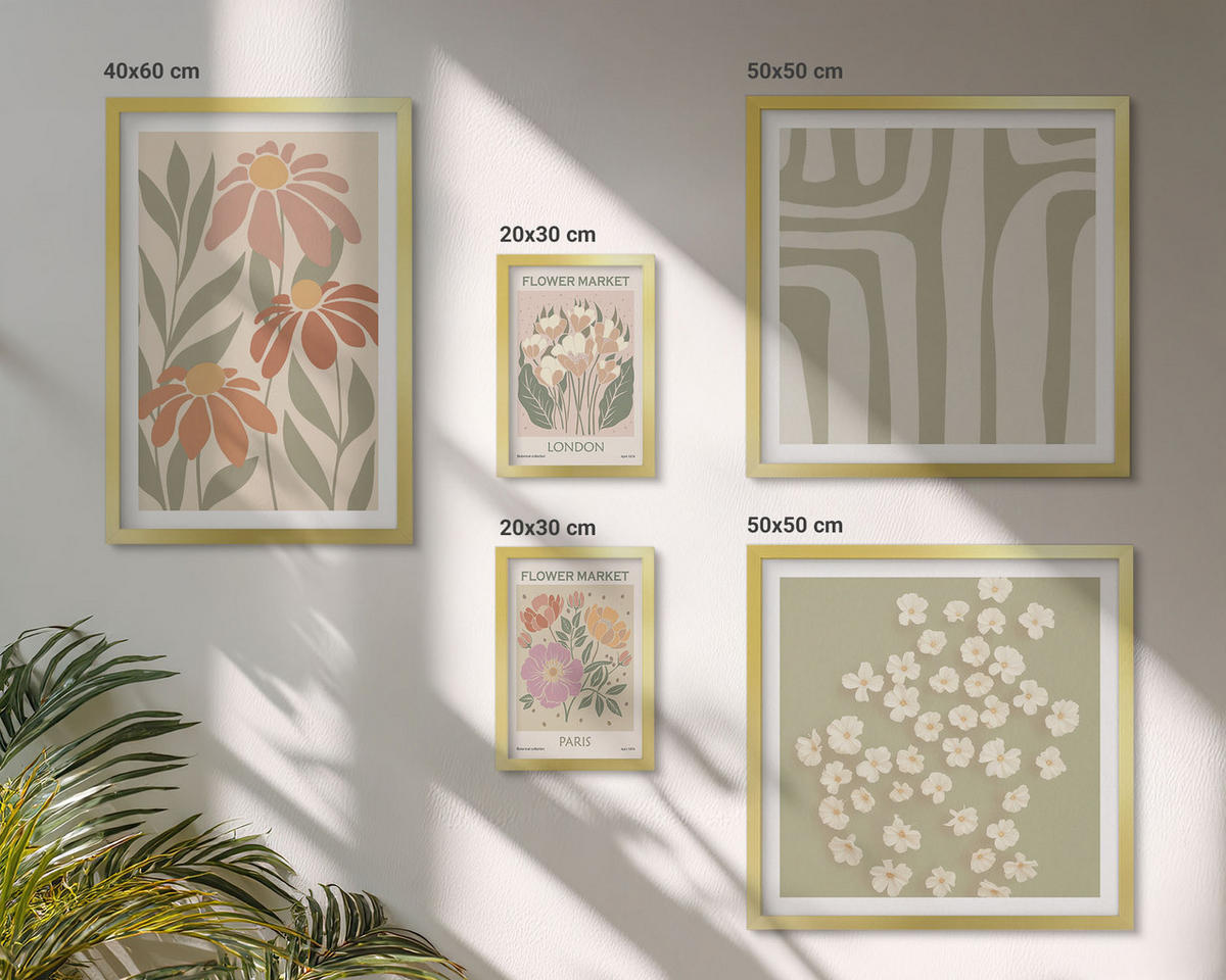 WANDBILDER 5er Set - 50x50 cm & 20x30 cm & 40x60 cm Goldrahmen - Botanische Motive, Pariser Minimalismus - Goldfarben, Kunststoff (40/60cm) - ArtPrintCave
