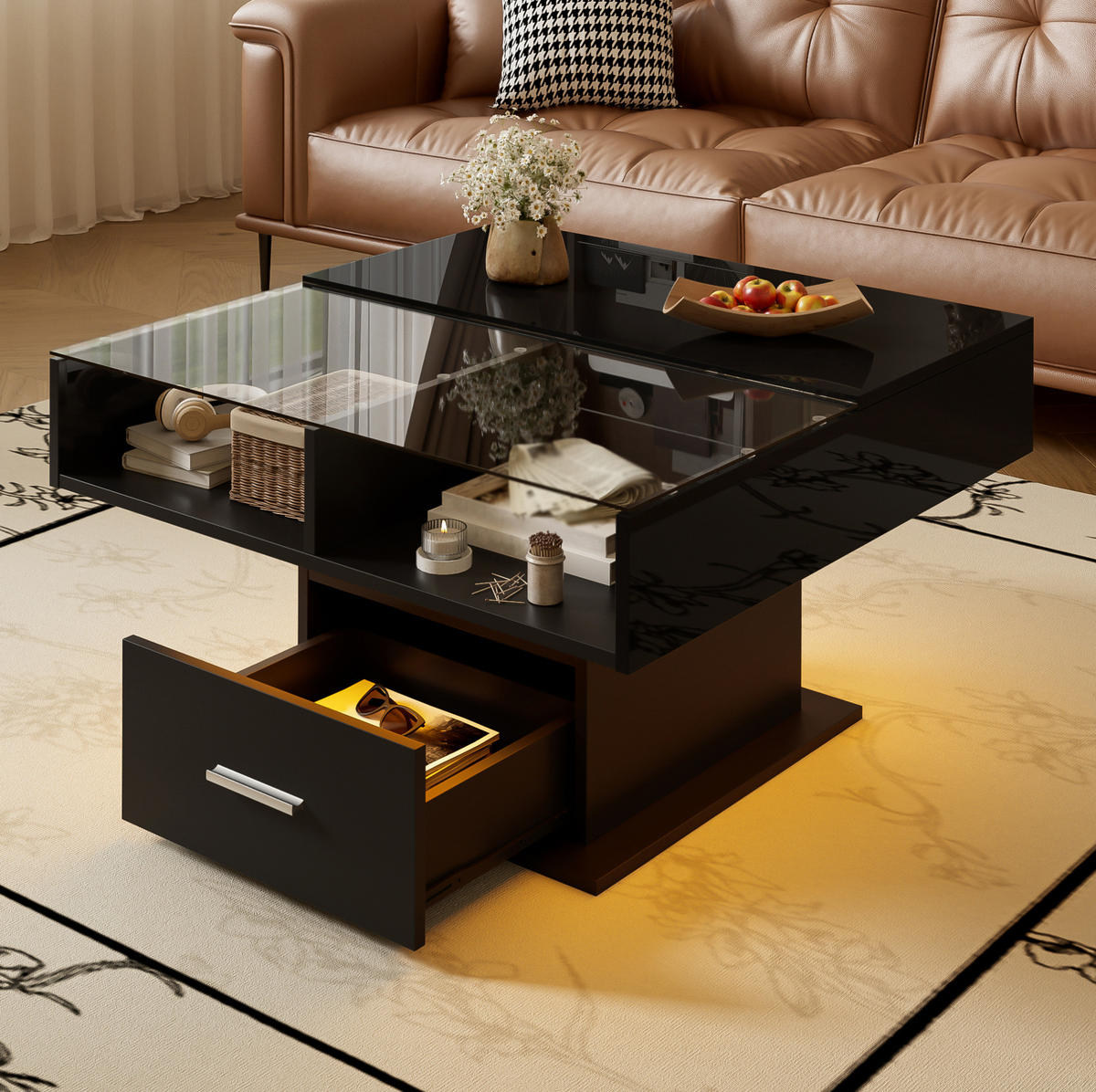 COUCHTISCH höhenverstellbar 78x78 cm Schwarz mit LED & Stauraum - Schwarz, Holzwerkstoff (78/78/45cm) - Meubliv