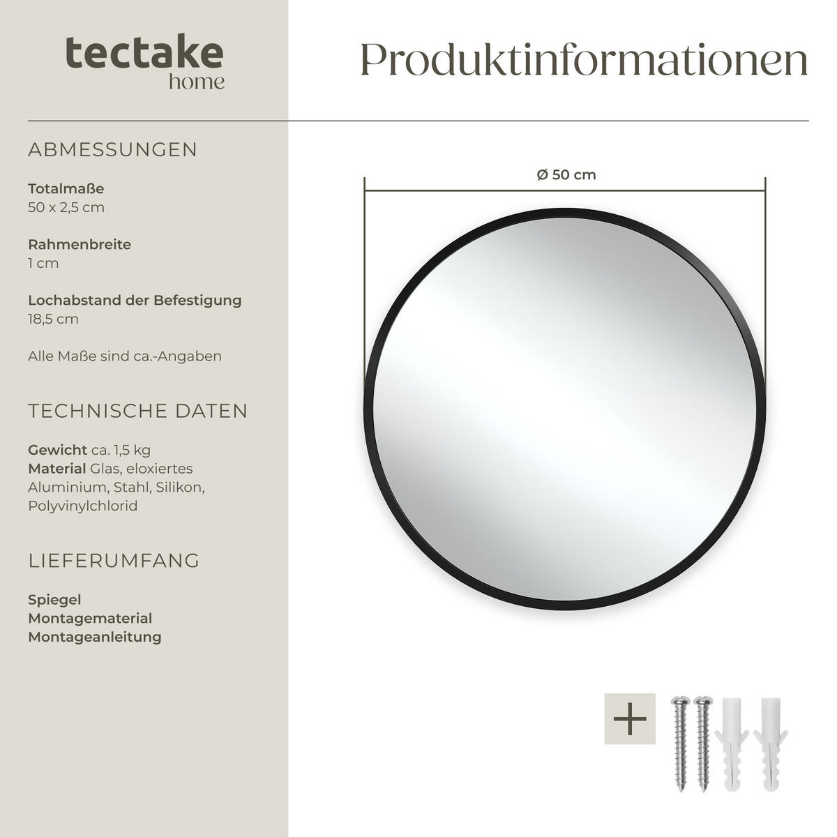 RUNDER WANDSPIEGEL Fiona,integrierte Befestigungshaken,schwarz - Schwarz, Glas (50/2.5/50cm) - tectake