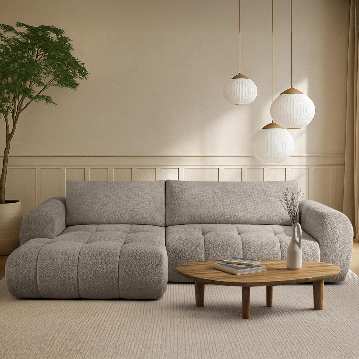 ECKSOFA LINKS LIRA, Grau, Bouclé - Grau, Holz/Holzwerkstoff (295/112cm) - KONSIMO®