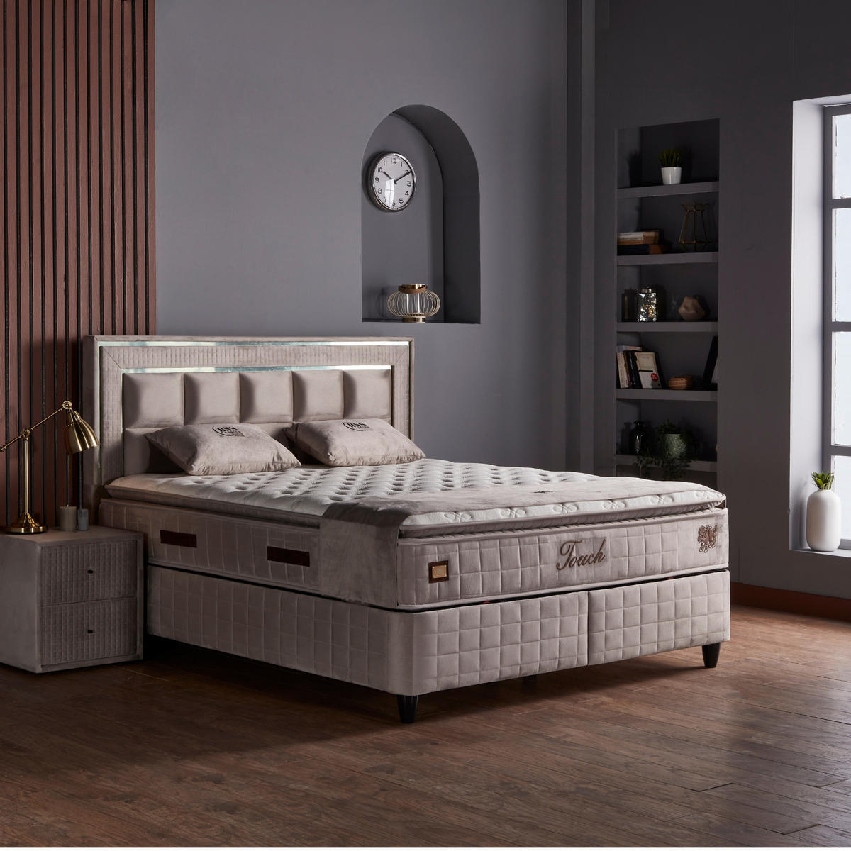 BOXBETT Wooltouch Bett mit Matratze 140x200 - Beige, Holz (140/200cm)