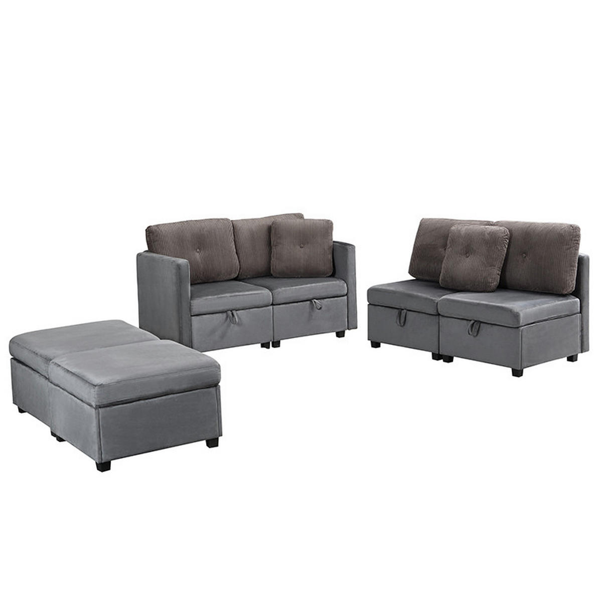 ECKSOFA aus Samt & Cord 261x132,5 cm in Antique Grey mit Stauraum - Grau, Textil (132.5/261cm) - Modfu