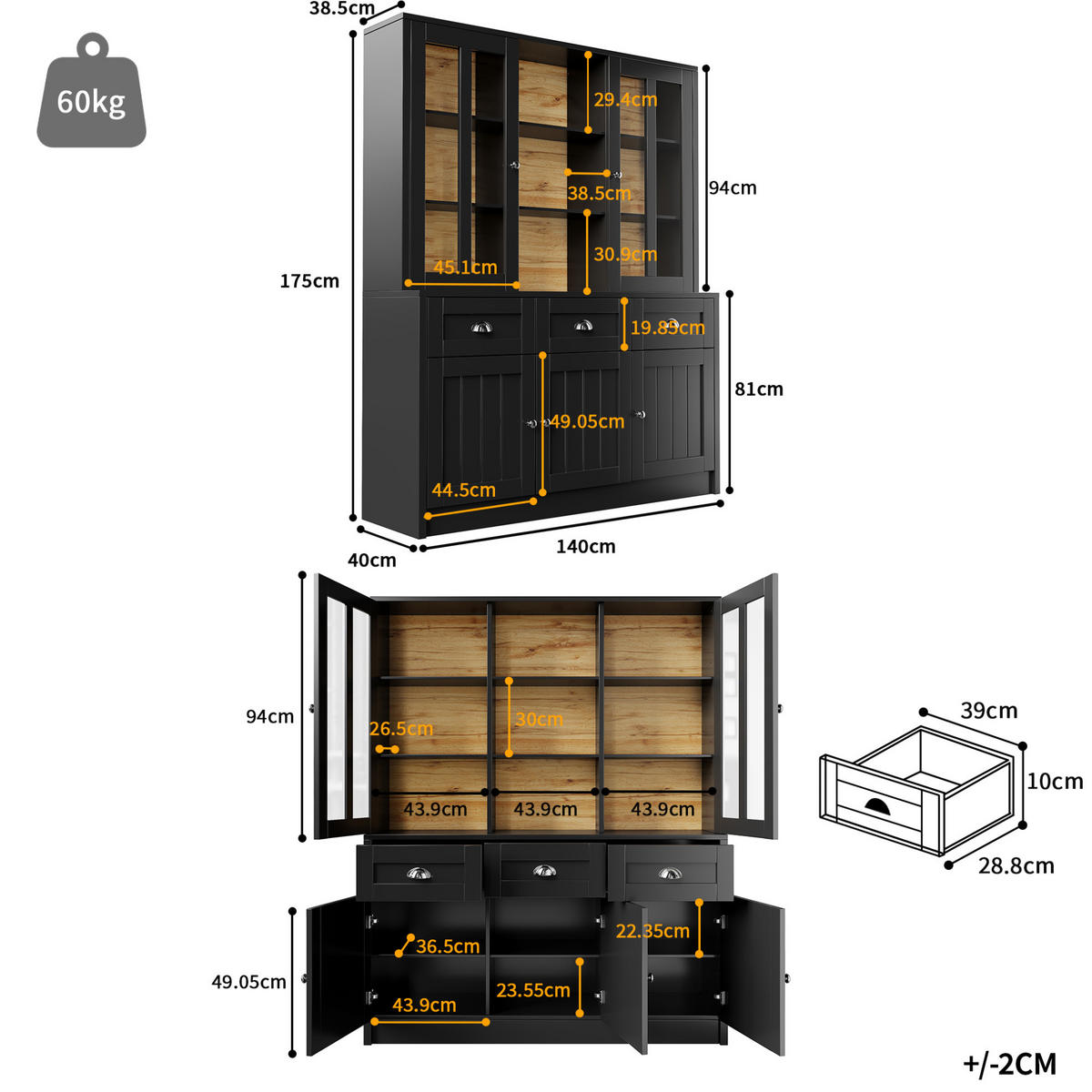 BUFFET 140/175/38,5 cm Schwarz aus Acryl und MDF mit Kippschutz - Schwarz, Holzwerkstoff (38.5/175/140cm) - OKMYHOME