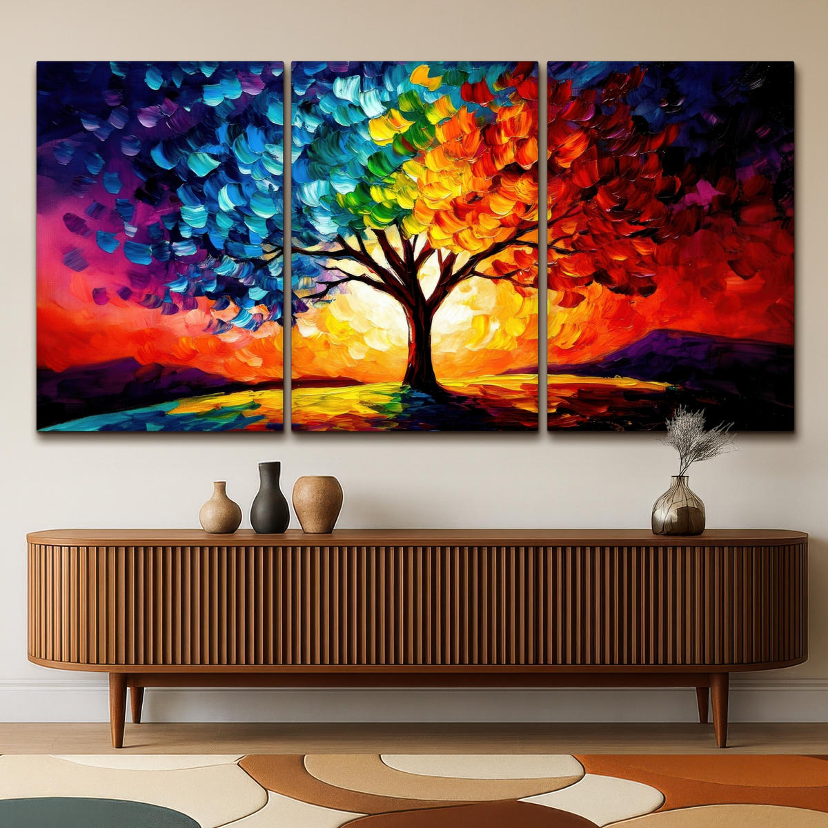 LEINWANDBILD 3er Set Baum - Farbenfroh - Malerei-Look - Abstrakt 240x120 cm - Multicolor, Textil (240/120cm) - MuchoWow