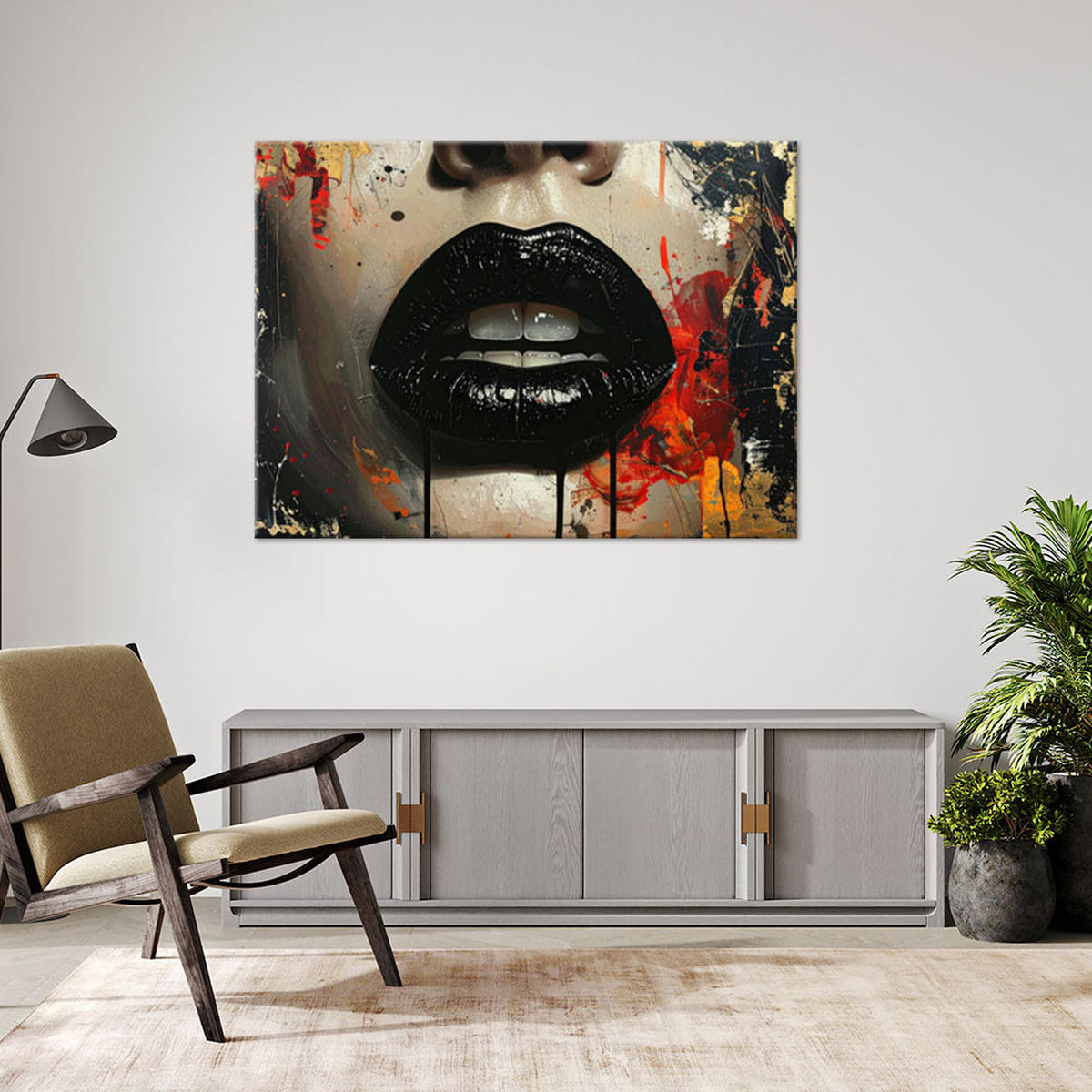 LEINWANDBILD, Feminine Lippen in Schwarz mit kunstvollen Farbakzenten - Schwarz, Textil (100/70cm) - Feeby