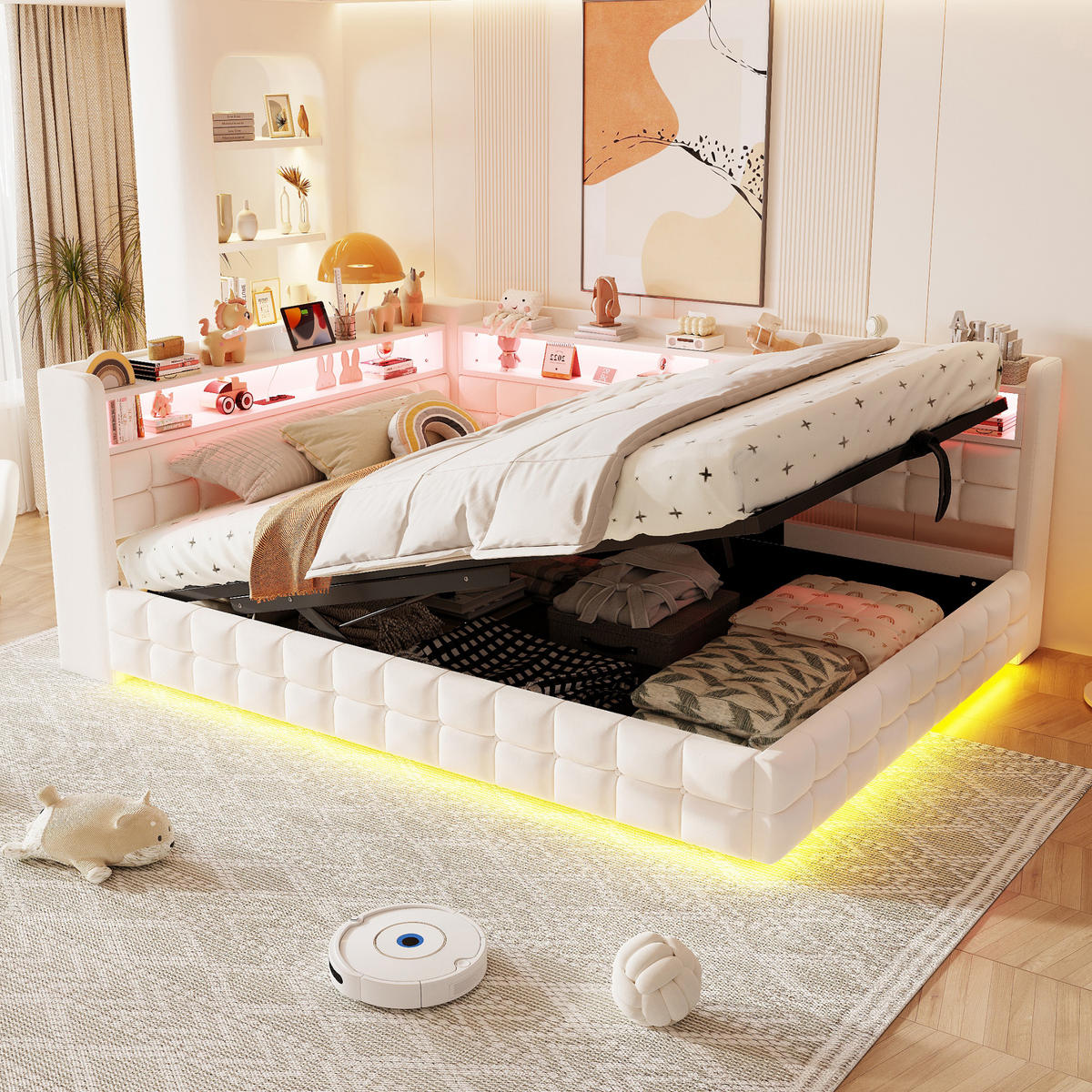 POLSTERBETT Beige 140×200cm mit hydraulischem Stauraum, Holzregal, LED-Lichtleiste und Ladeanschlüssen - Beige, Textil (140/200cm) - Luhomfu