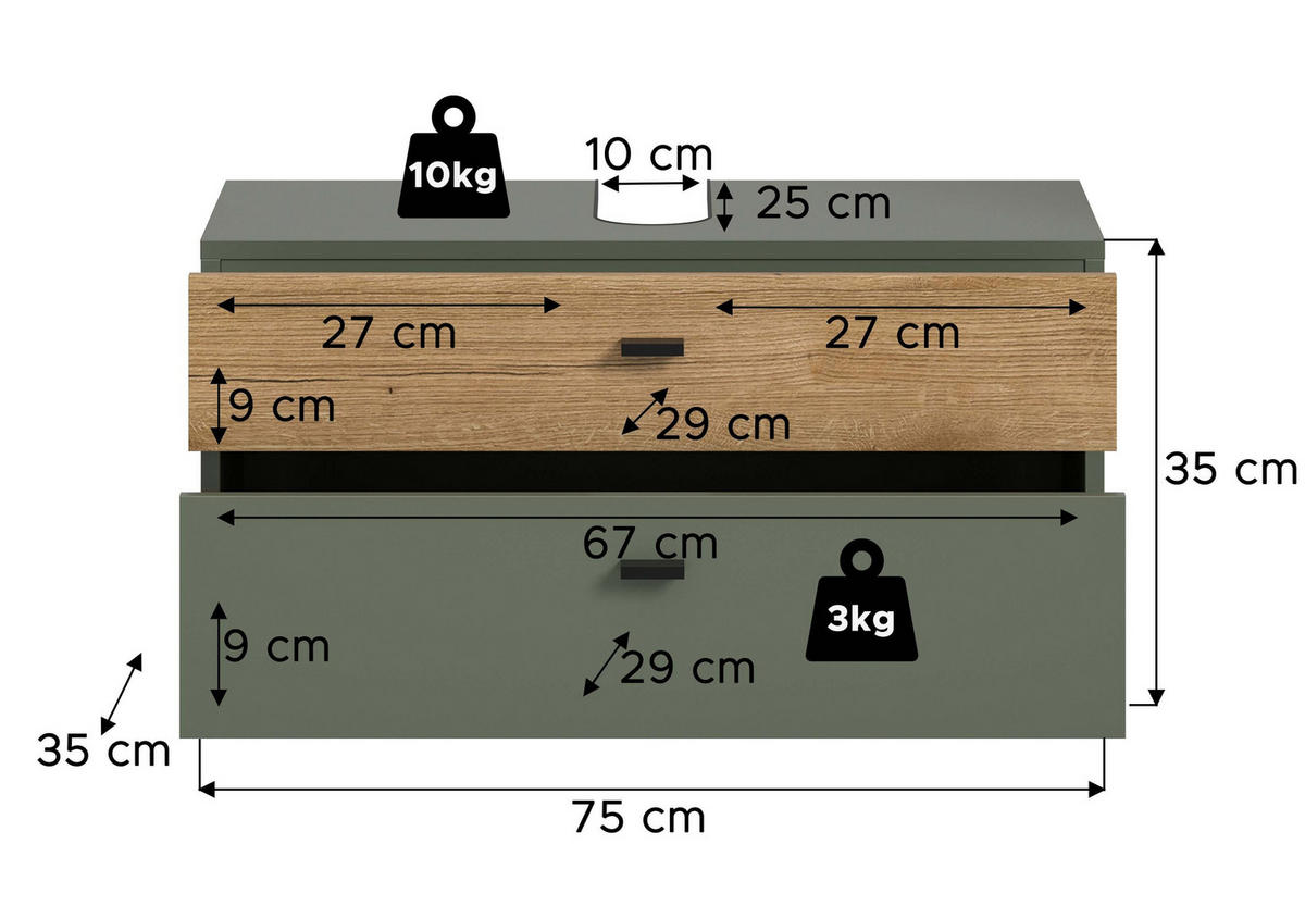 WASCHBECKENUNTERSCHRANK AQUA (B/H/T: ca. 75/35/35 cm) in Sage Green/Sage Green - Grün, Holzwerkstoff (75/35/35cm)