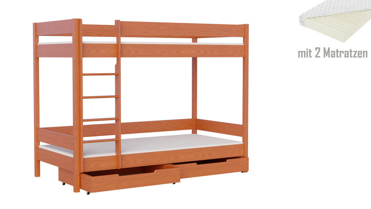 ETAGENBETT Diego 160x80 teak mit Schubladen und Matratzen - Braun, Holzwerkstoff (80/160cm)