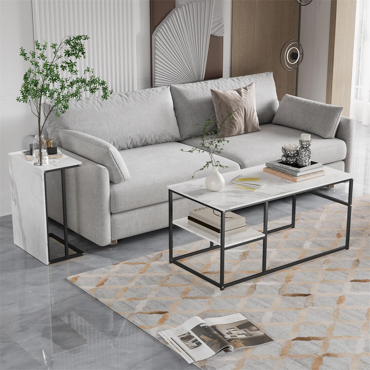 COUCHTISCH - Rechteckiger Couchtisch in Marmoroptik mit schwarzem Metallgestell - Weiß und Schwarz - Schwarz, Holzwerkstoff (52/105/48.5cm) - DELFA