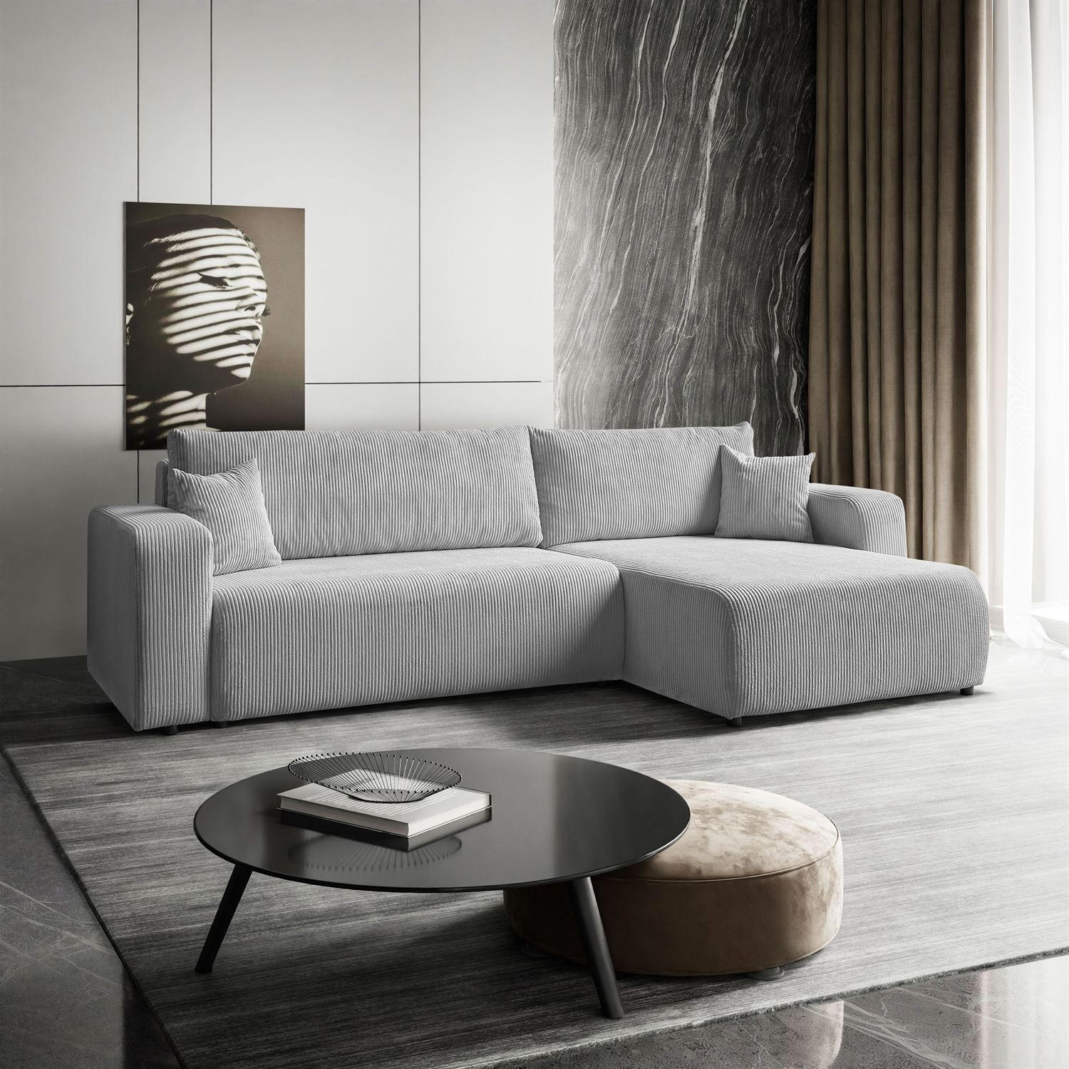 ECKSOFA Gepolstertes PRESTIGE XL mit Schlaffunktion und Bettkasten, Poso 110 - Hellgrau, Textil (277/143cm) - Lookway