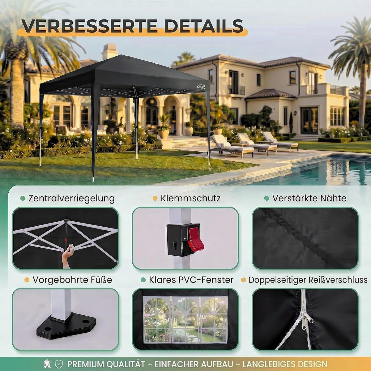 FALTPAVILLON 3x3m Wasserdicht mit Seitenwänden Schwarz - Schwarz, Textil (300/260/300cm)