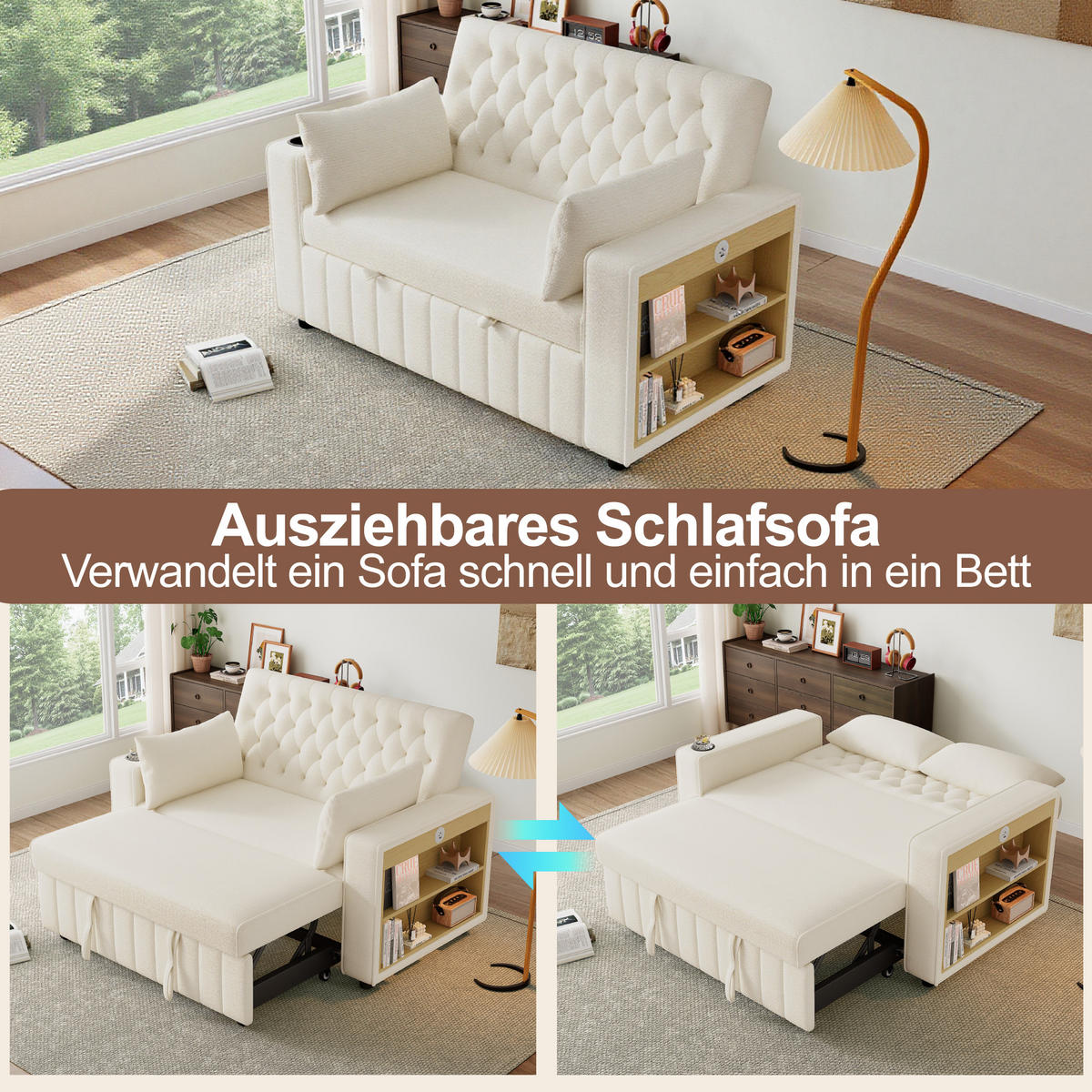 SCHLAFSOFA, Chenille mit Schlaffunktion & USB-Anschluss, 140/137/84 cm, Beige, inkl. 2 Kissen - Beige, Textil (137/84/140cm) - Redom