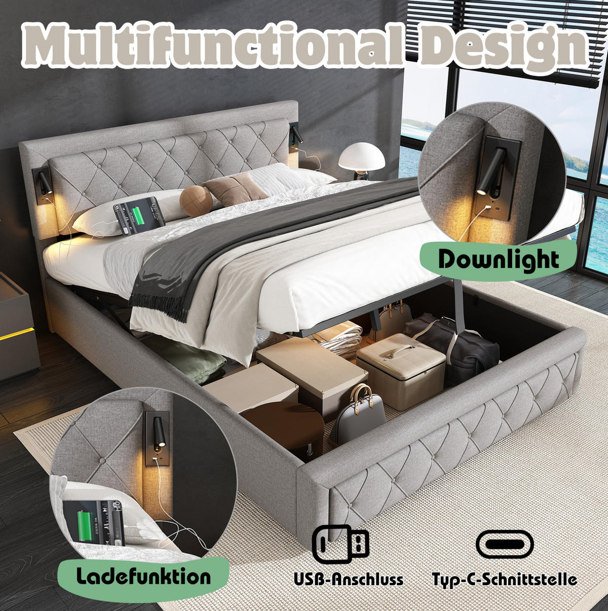 POLSTERBETT 160/200 cm mit Downlights, USB und hydraulischem Stauraum, Leinen, Grau - Grau, Textil (160/200cm) - Redom