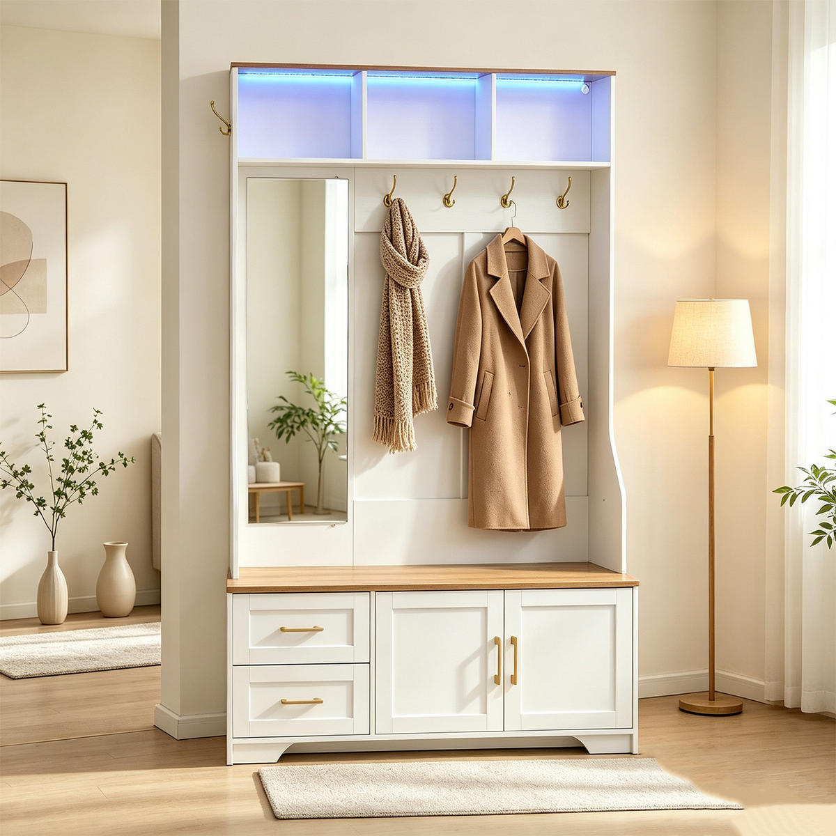 SCHUHSCHRANK mit LED-Beleuchtung, Spiegel, Haken und Schubladen - Multicolor, Holz (40/187/120cm) - Meubles Cosy