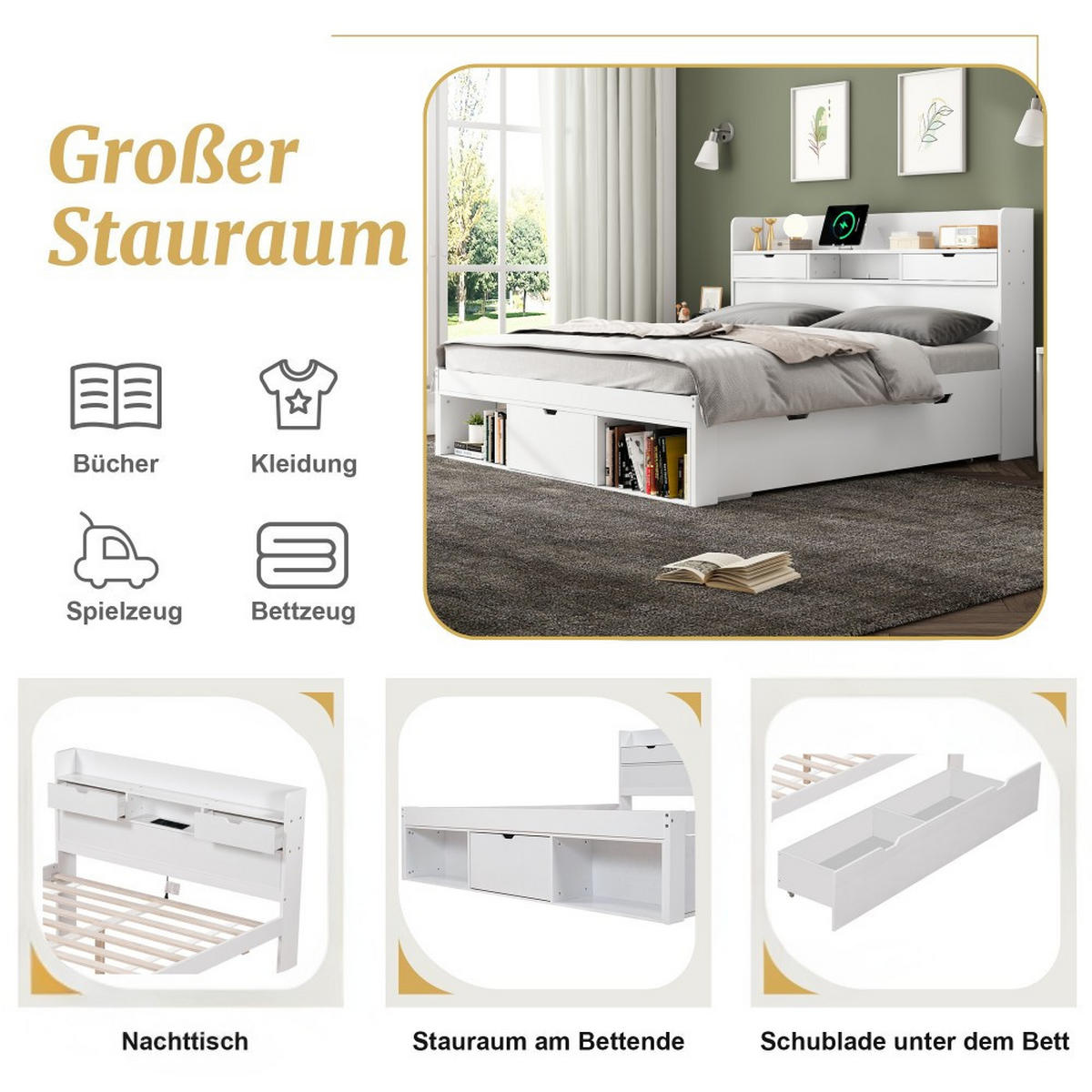 JUGENDBETT 180/200 cm in Weiß mit Großer Stauraum - Weiß, Holz (180/200cm) - KOMHTOM