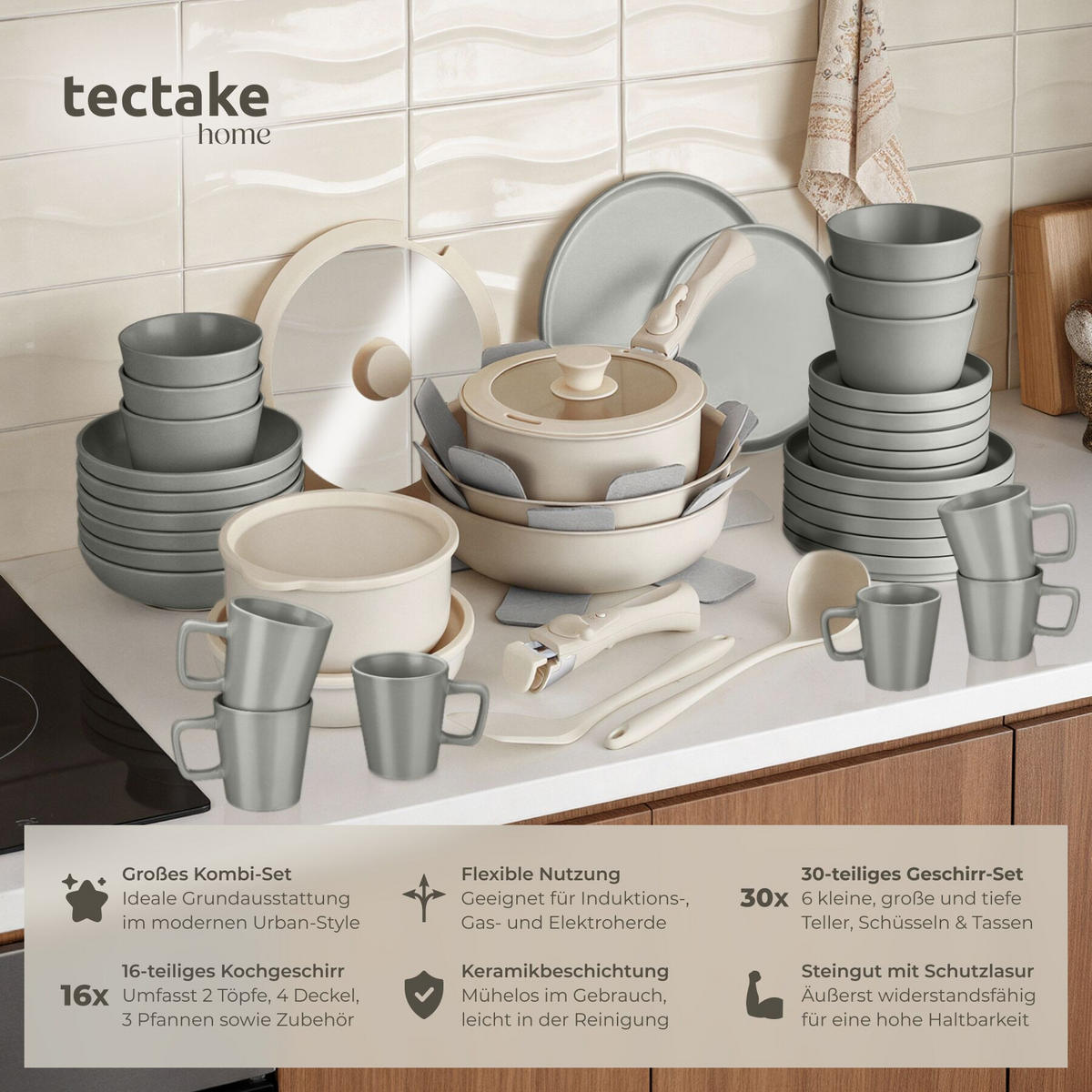 KÜCHENSTARTERSET 46er Set Una/Genua, inklusive Küchenwerkzeugen, Topfschonern und anklemmbaren Griffen, grau/weiß - Weiß/Grau, Keramik (27.5/13/44cm) - tectake