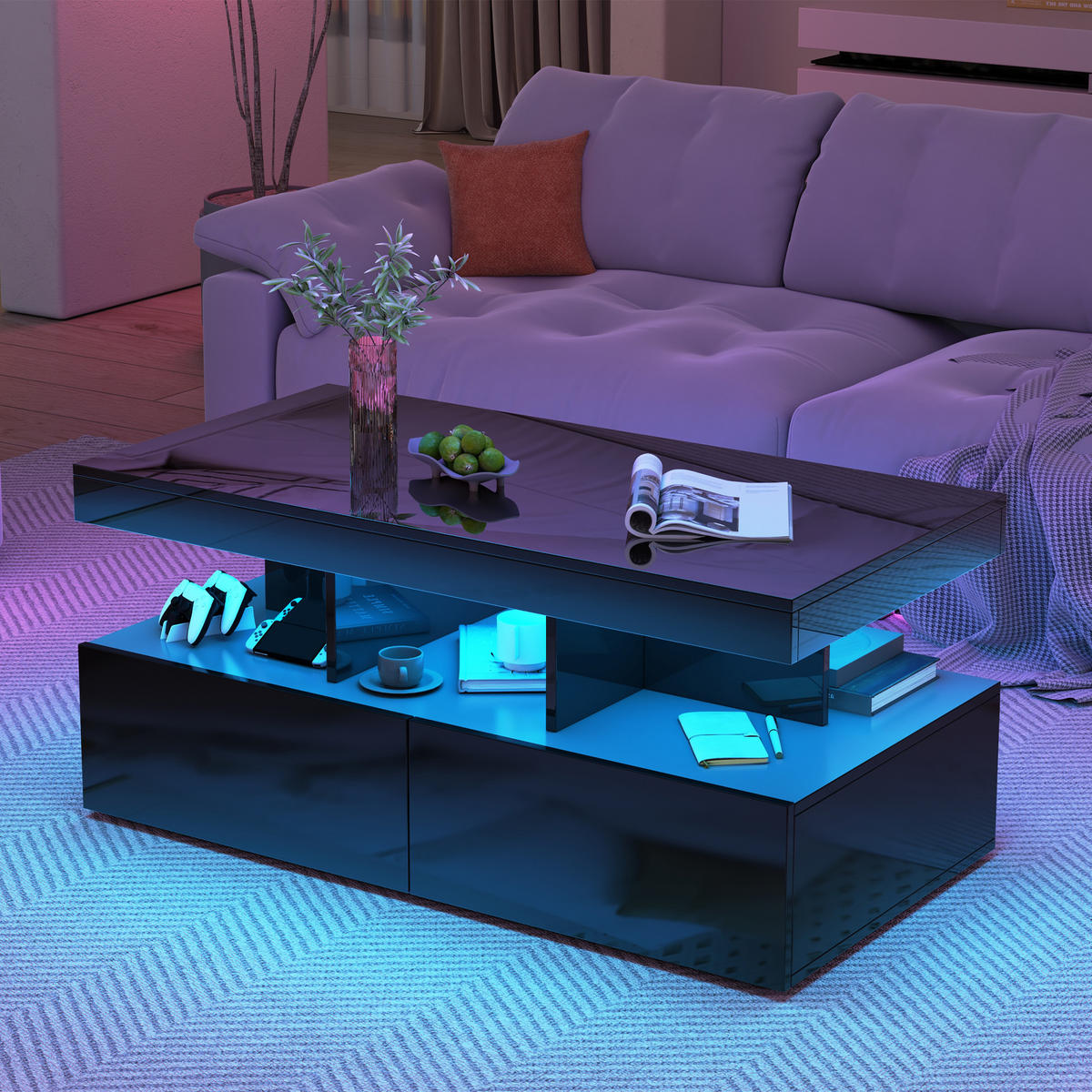 COUCHTISCH mit LED Stauraum Schublade 104x53x46 cm - Schwarz, Holzwerkstoff (104/53/46cm) - SHOPENTRA