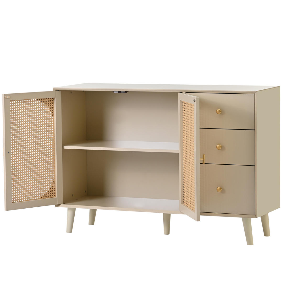 SIDEBOARD aus Spanplatte 120x40x82,5 cm Offwhite mit 2 Türen, 3 Schubladen und Push-to-open in Rattanoptik - Weiß, Holzwerkstoff (120/82.5/40cm) - Modfu