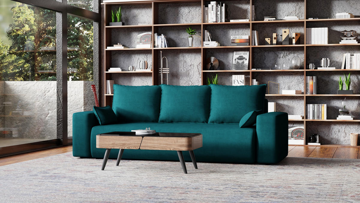 SOFA Bubi mit Bettkasten und Schlaffunktion, Velourstoff - Türkis, Holzwerkstoff (242/85/95cm)