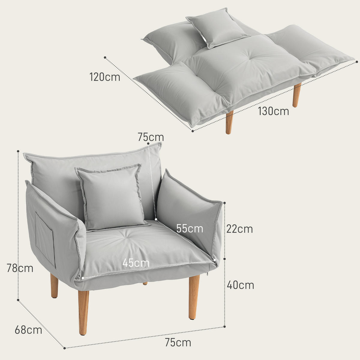 SESSEL 2-in-1, mit Kissen, Hellgrau - Hellgrau, Textil (75/78/68cm) - HOMCOM