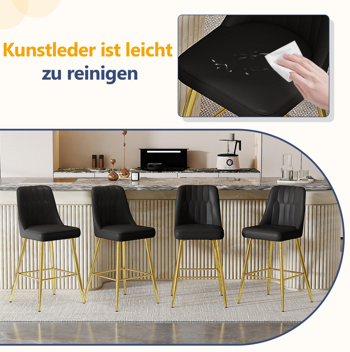 BARHOCKER 2er-Set 100 cm PU-Leder Schwarz mit Metallgestell Goldfarben - Goldfarben, Metall (45/100/42cm) - Meubliv