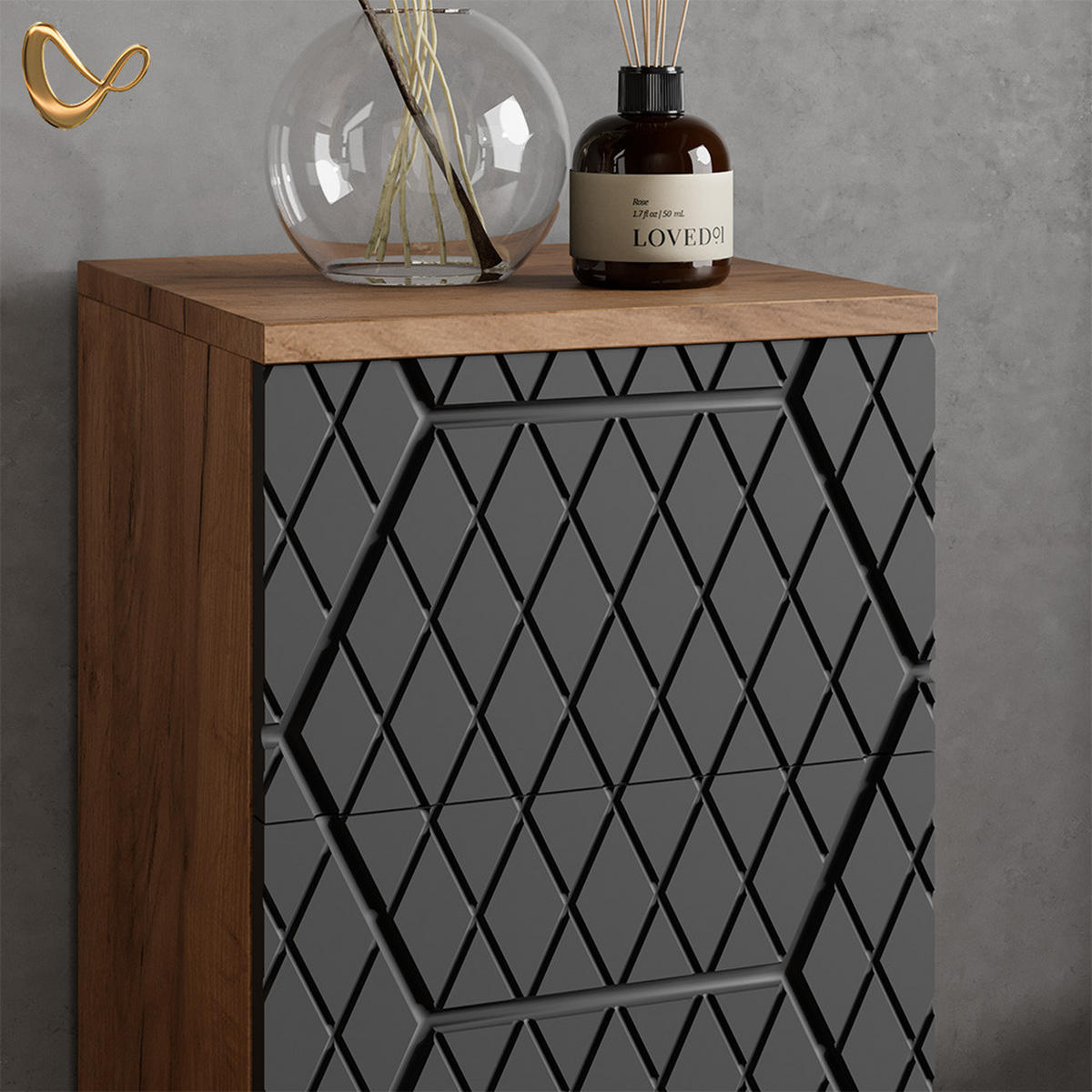 BADMÖBEL-SET Ronco Anthrazit gestreift 3 Teile, mit Schubladenschrank und Midischrank - Anthrazit/Eiche Wotan, Holzwerkstoff (80/58/41cm) - Livinity®