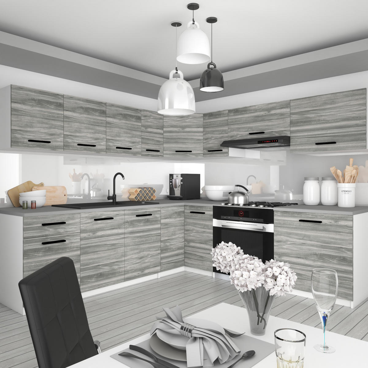 KÜCHENZEILE Italia 7 420 cm , mit Arbeitsplatten, Grau Glamour - Hellgrau, Holz (420/143/60cm) - B BELINI GROUP