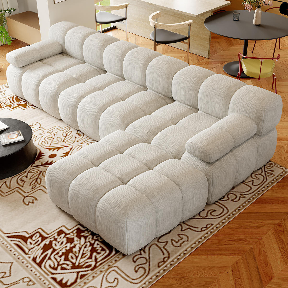 ECKSOFA 300/200/68 cm Weiß Stoff mit 1 Fußhocker - Weiß, Textil (200/300cm) - Oxeza