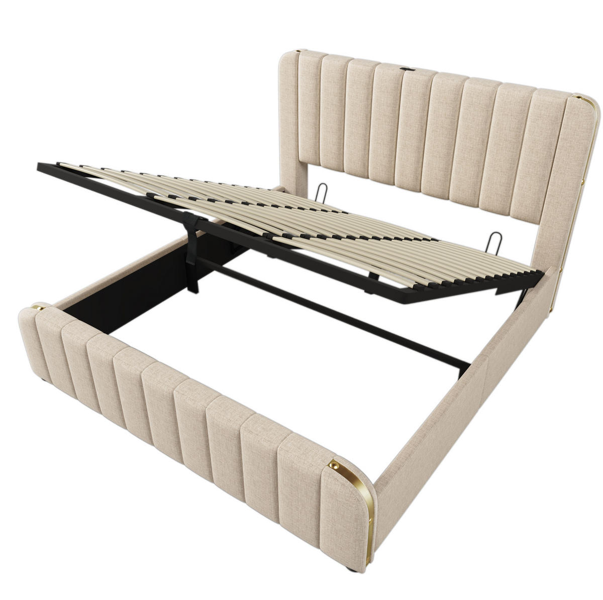 POLSTERBETT aus Leinen 180x200 cm in Beige mit USB-C-Ladefunktion & Stauraum - Beige, Textil (180/200cm) - Modfu
