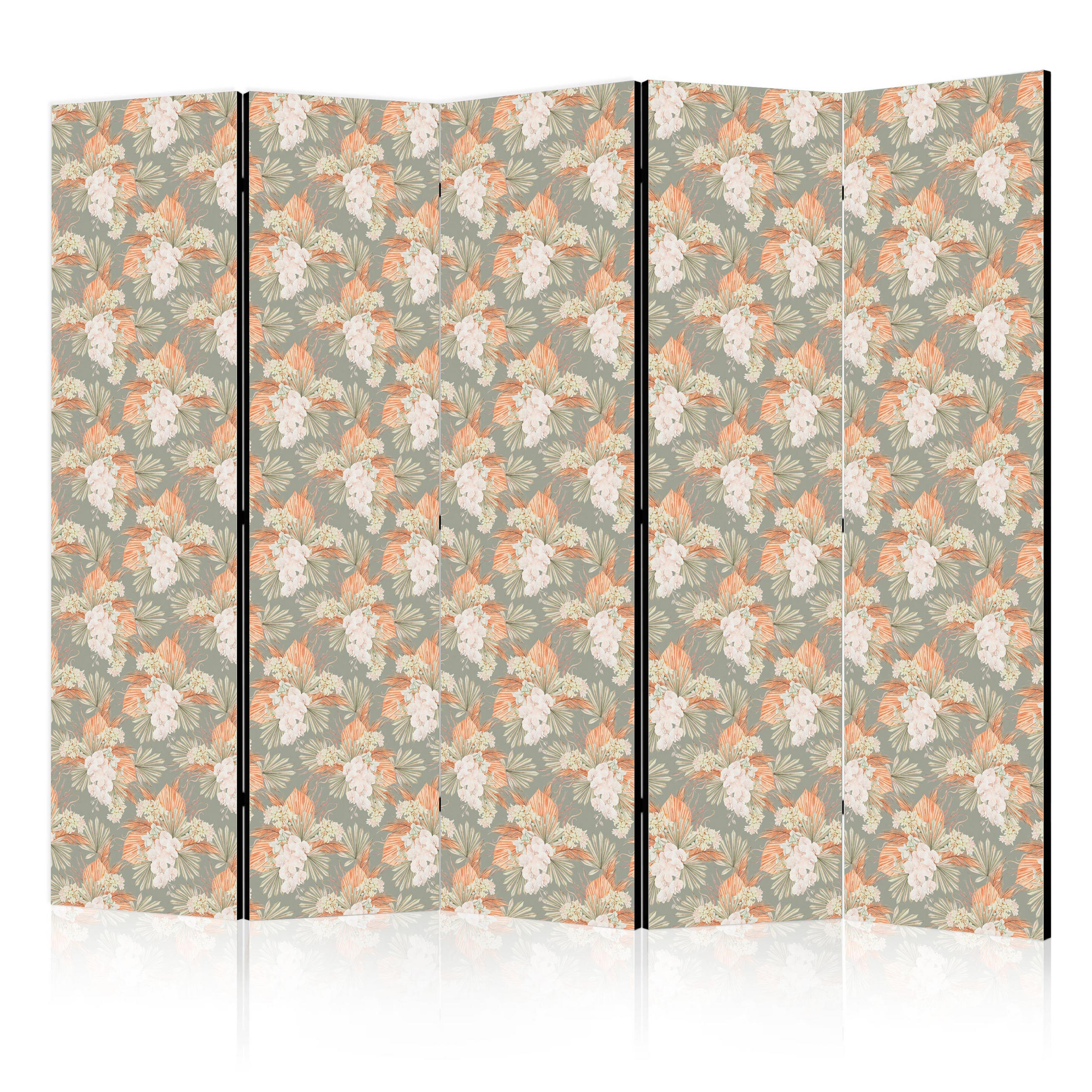 PARAVÁN Obojstranný 5-dielny 225x172 cm Tropické Listy a Orchidey - zelená, drevo/textil (225/172/3cm) - Muralo