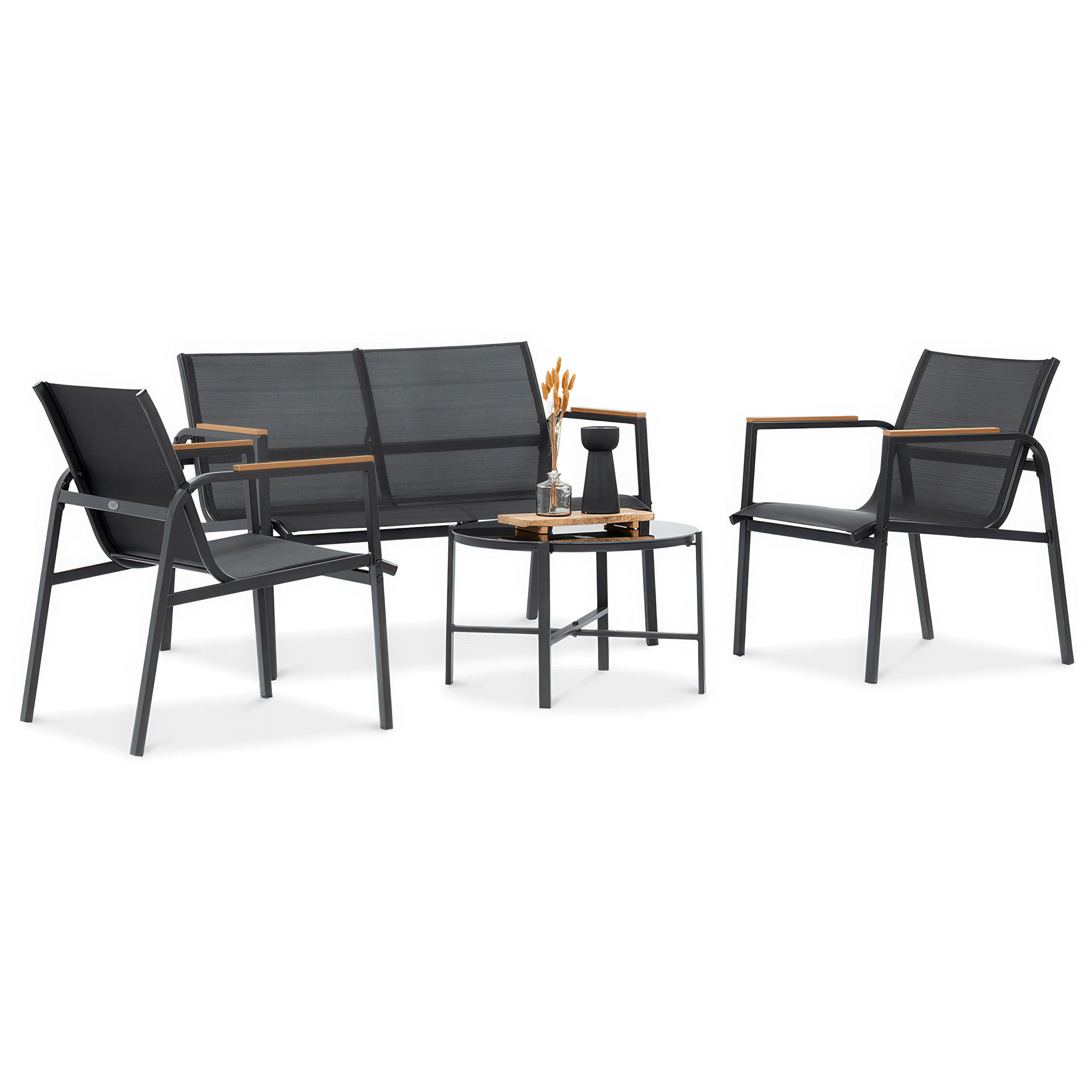 Beautysofa ZAHRADNÍ SADA Thaiti, 2místná pohovka + 2 křesla + konferenční stolek, područky z Polywoodu, černá