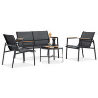 GARTENSET Thaiti, 2-Sitzer-Sofa + 2 Sessel + Couchtisch, Polywood-Armlehnen, Schwarz - Schwarz, Metall - Beautysofa
