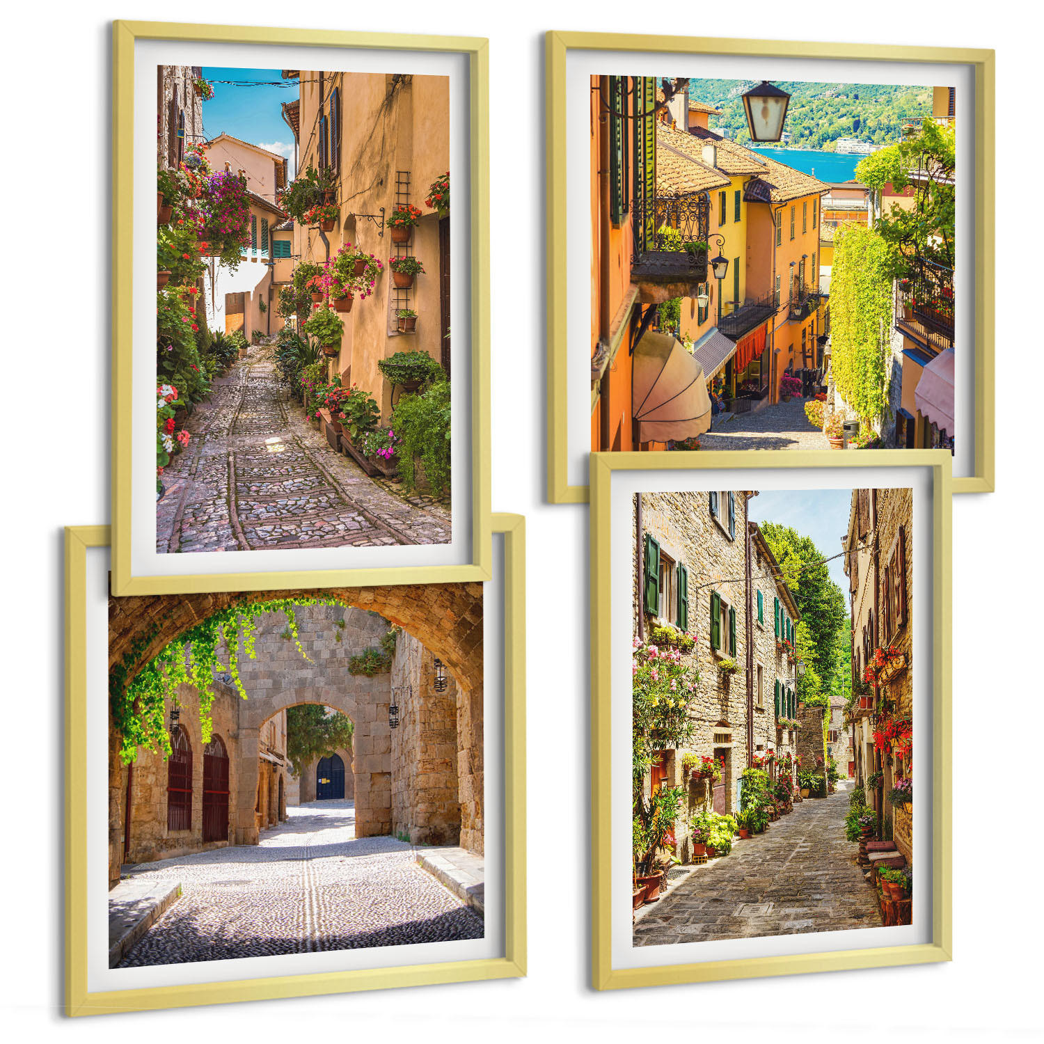BILDER SET 4er Set - 50x50 cm & 40x60 cm Goldrahmen - Italienische Straßen, Blumen, Architektur - Goldfarben, Kunststoff (50/50cm) - TULUP