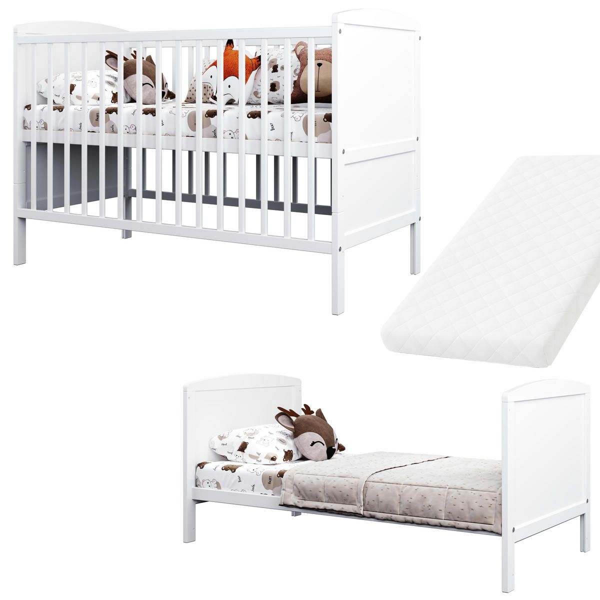BABYBETT 2-IN-1 mit Matratze 60/120 cm Weiß - Weiß, Holz (60/120cm) - Lettino